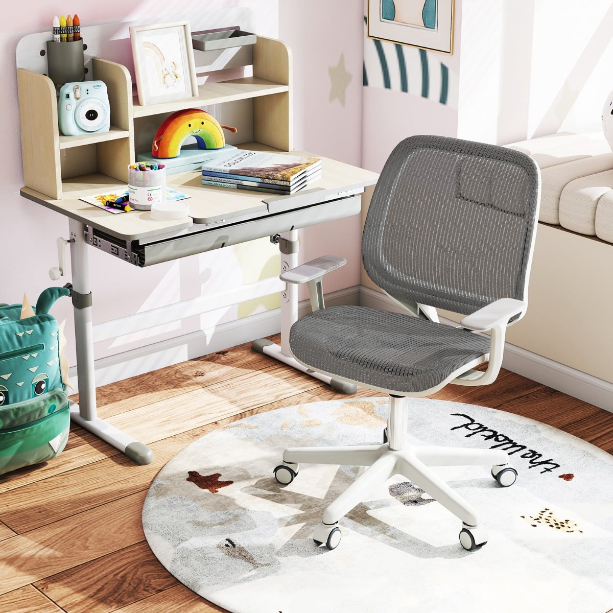 Höhenverstellbarer Kinderdrehstuhl mit Sitzbremse Ergonomischer Schreibtischstuhl Bürostuhl Grau
