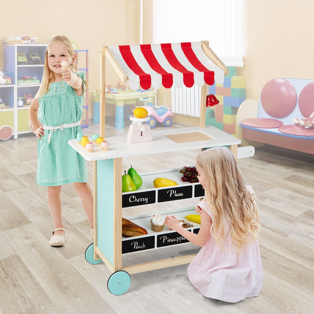Kindereiswagen Eiswagen aus Holz für Kinder mit Lebensmittelregalen Spielzeuggeschäft für Kleinkinder