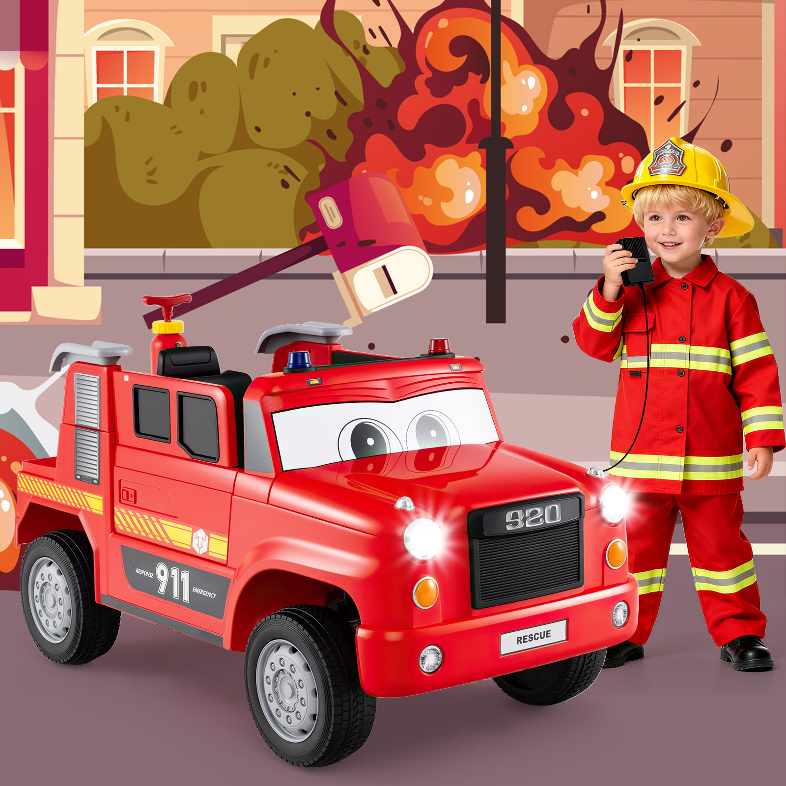 Kinder Elektroauto mit Wasserpistole & Fernbedienung 12V Elektro Feuerwehrauto