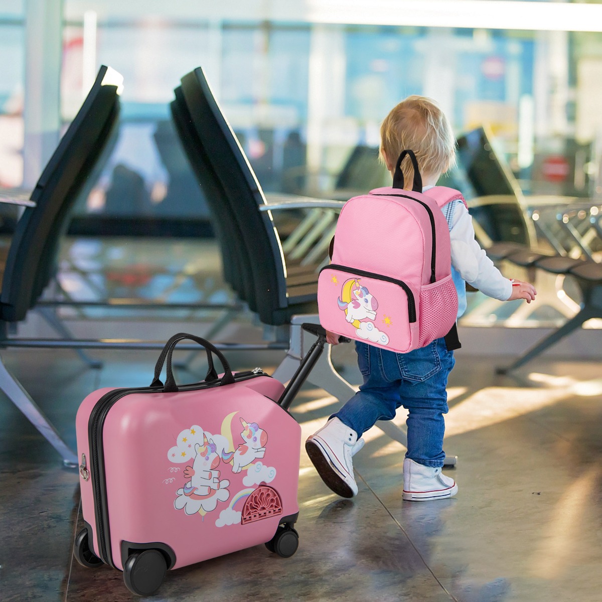 2tlg Kinderkoffer + Rucksack 12'+18' Kindertrolley mit Rollen & wasserdichter Hartschale Rosa Einhorn