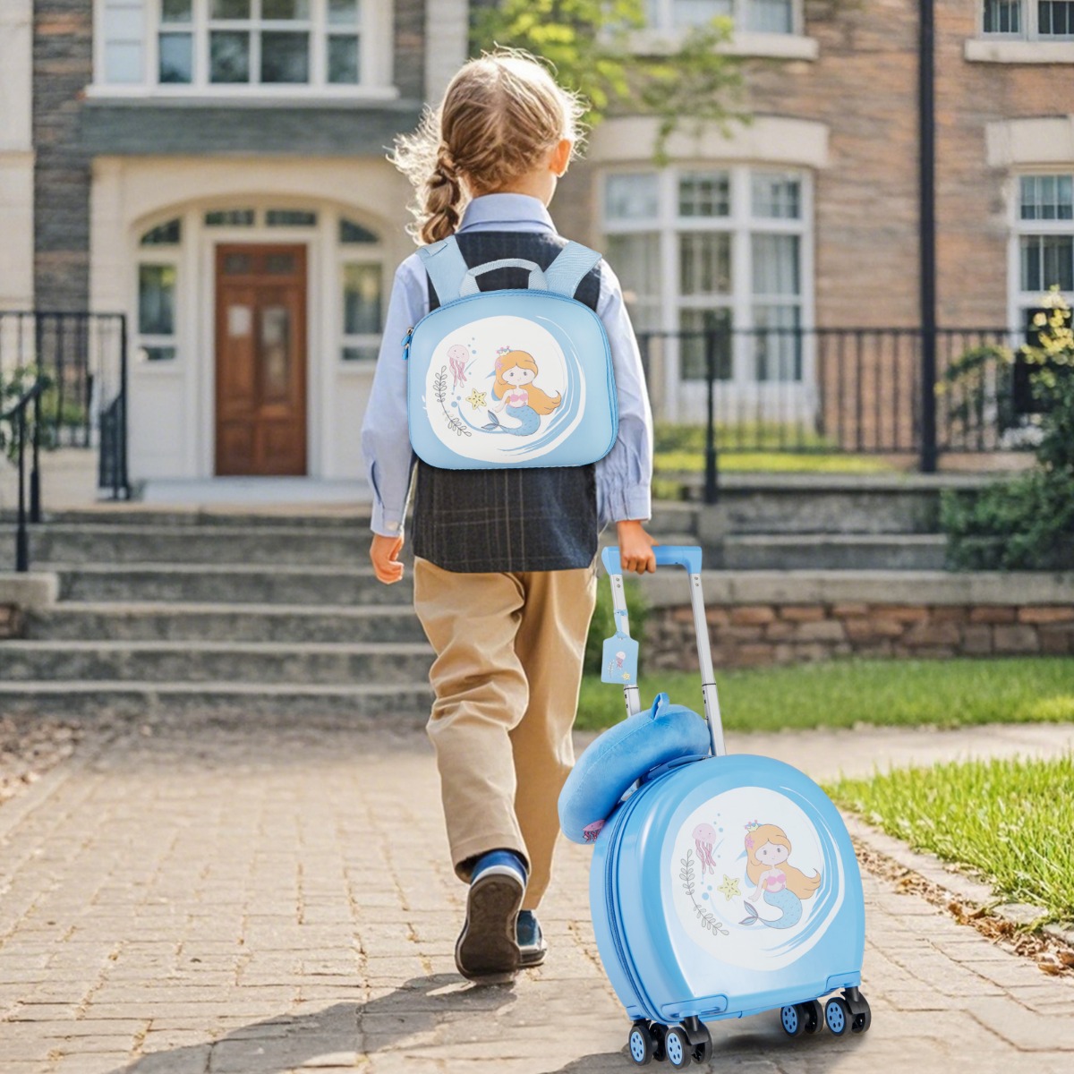 4 teiliges Kinderkoffer + Rucksack 10”+14” Kindertrolley mit Rollen Blau