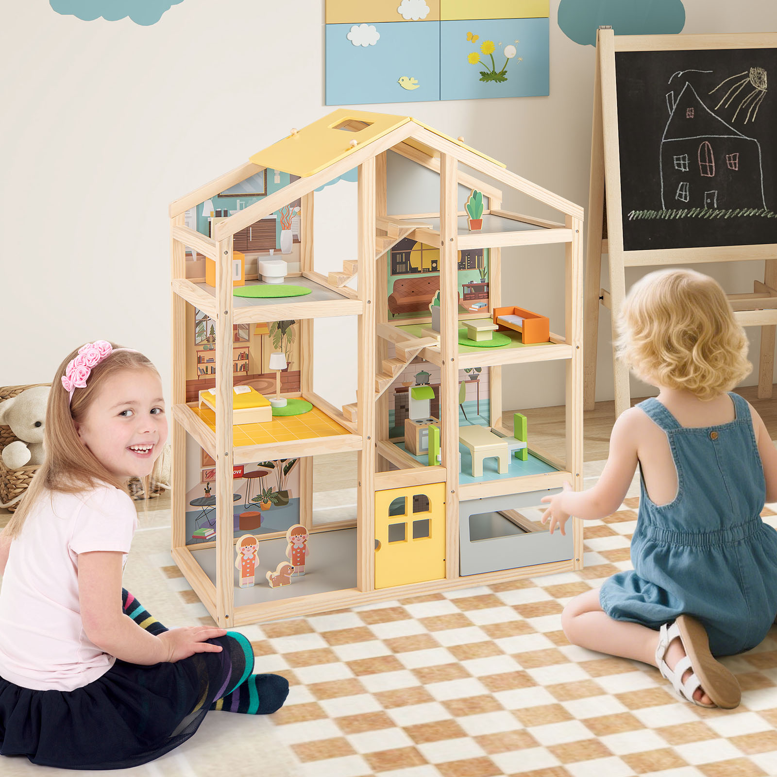 Kinder Holz Puppenhaus mit Möbelstücken & Figuren Familien-Spielhaus mit DIY-Traumhaus