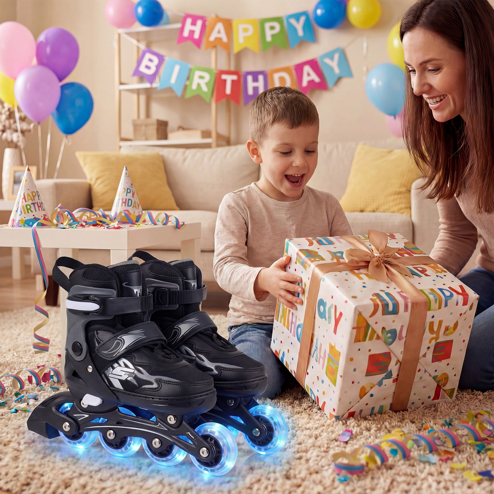 Kinder Rollschuhe 4 Größen Verstellbar Inline Roller Skates mit leuchtenden Rädern Grau S (EU 30-33)