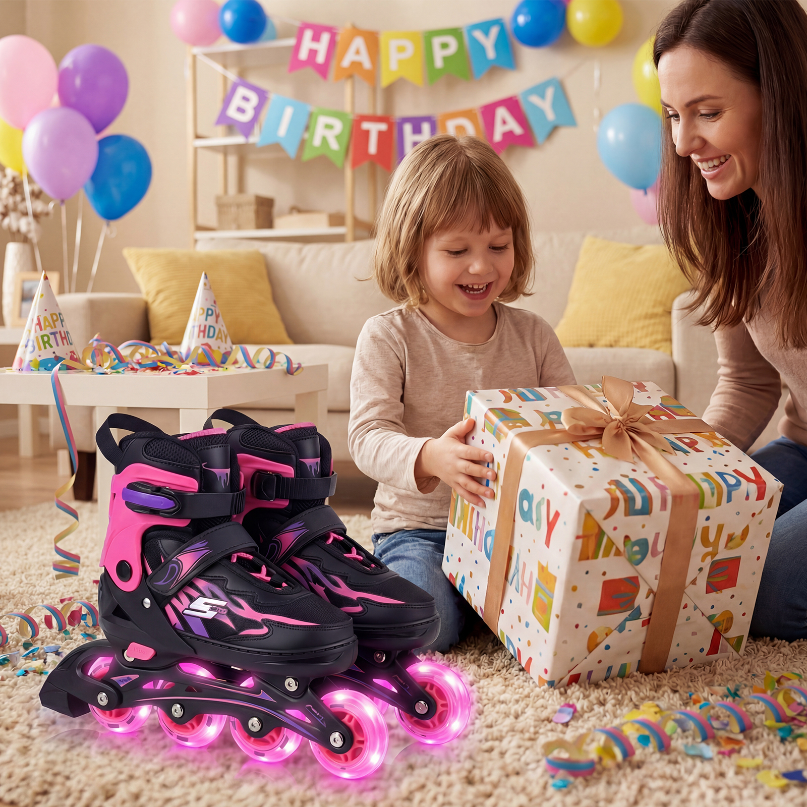 Kinder Rollschuhe 4 Größen Verstellbar Inline Roller Skates mit leuchtenden Rädern Rosa S (EU 30-33)