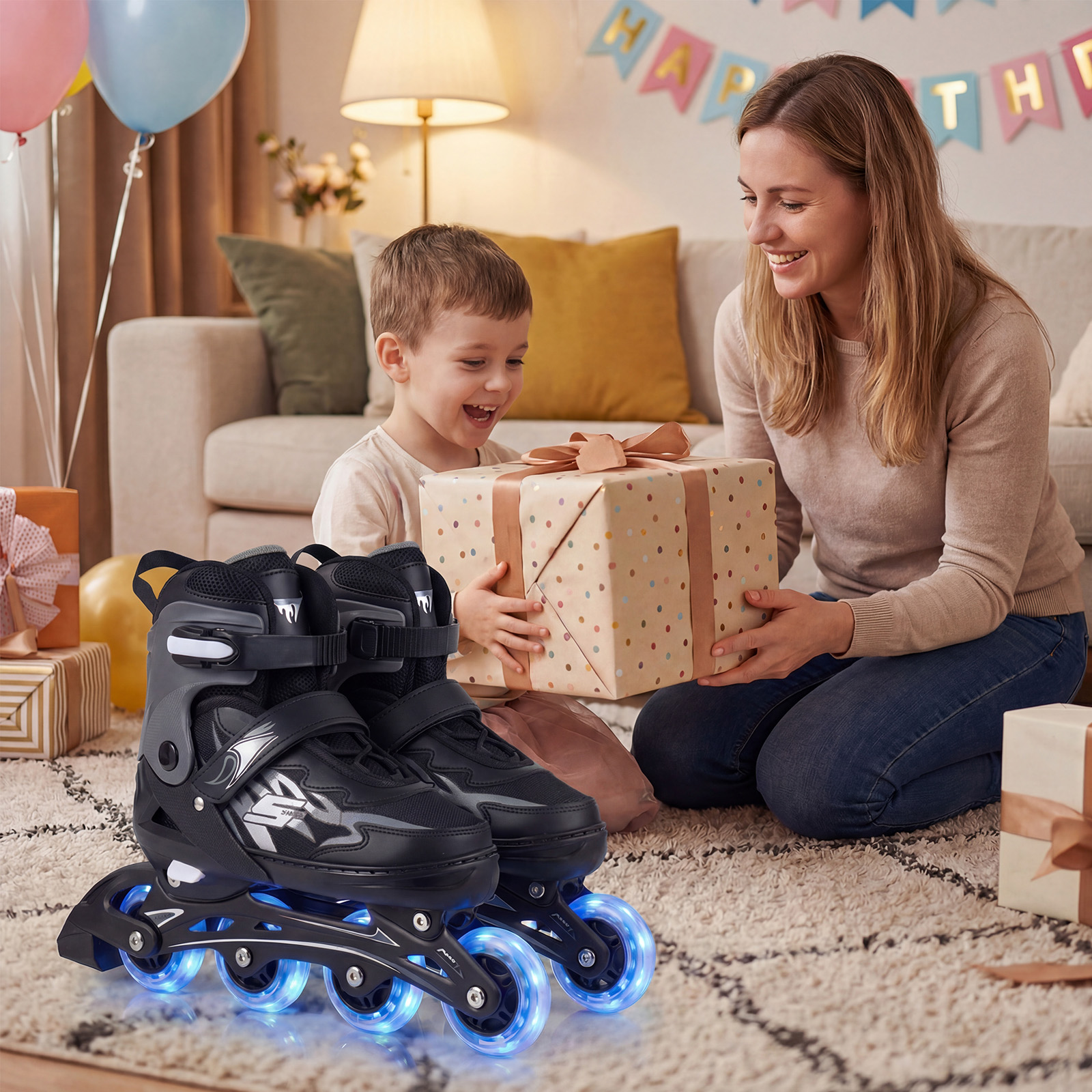 Kinder Rollschuhe 4 Größen Verstellbar Inline Roller Skates mit Leuchtenden Rädern Grau M (EU 34-37)