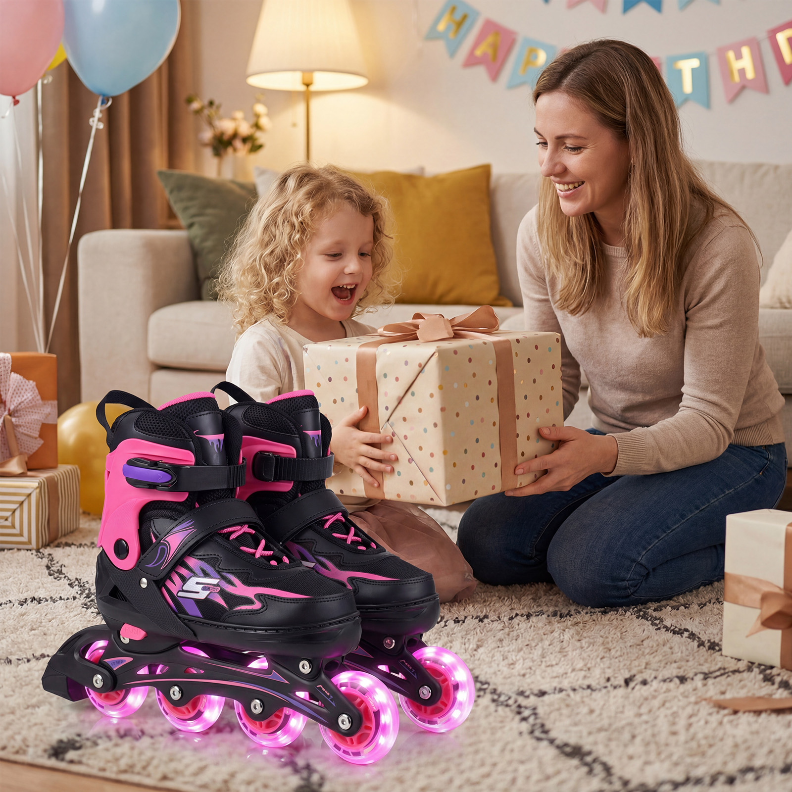 Kinder Rollschuhe 4 Größen Verstellbar Inline Roller Skates mit Leuchtenden Rädern Rosa M (EU 34-37)