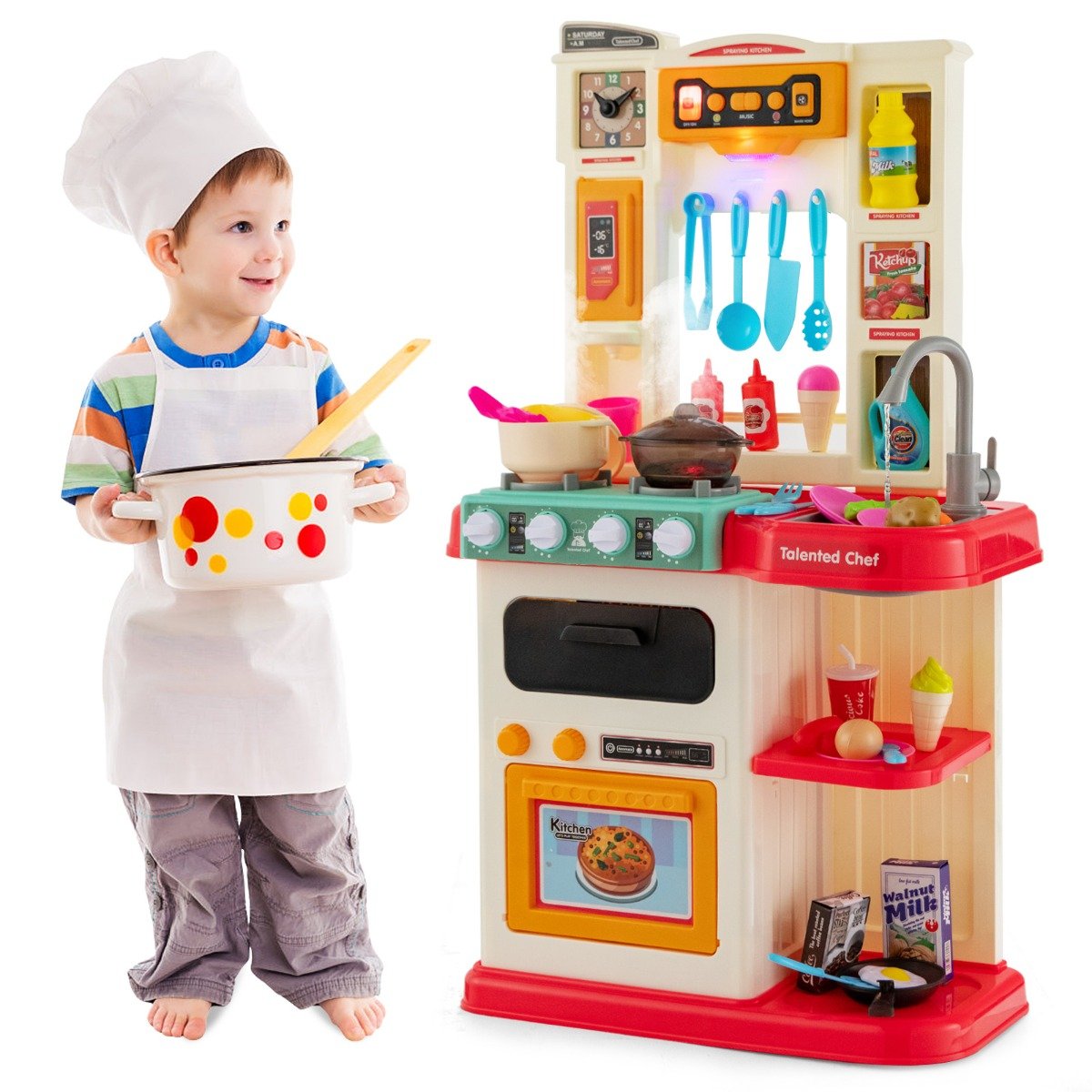 65 TLG. Kinderküche mit Lichter Kinderspielküche mit Wasserpumpe Rosa