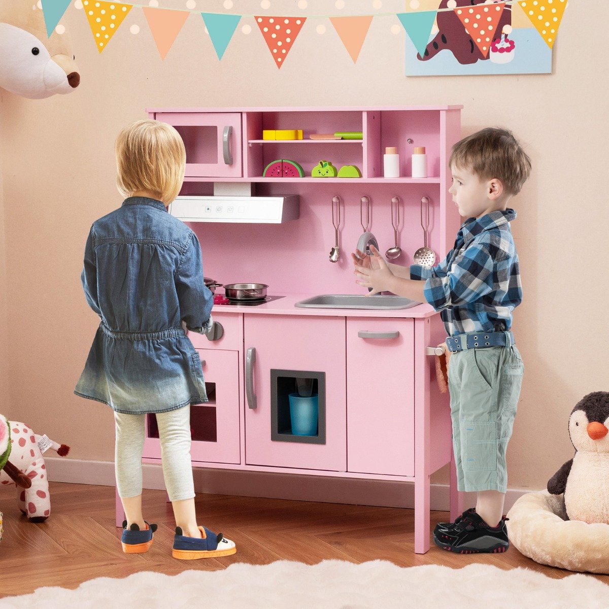 Kinderküche Spielset Holz Spielküche mit Mikrowelle 72 x 30 x 90 cm Rosa