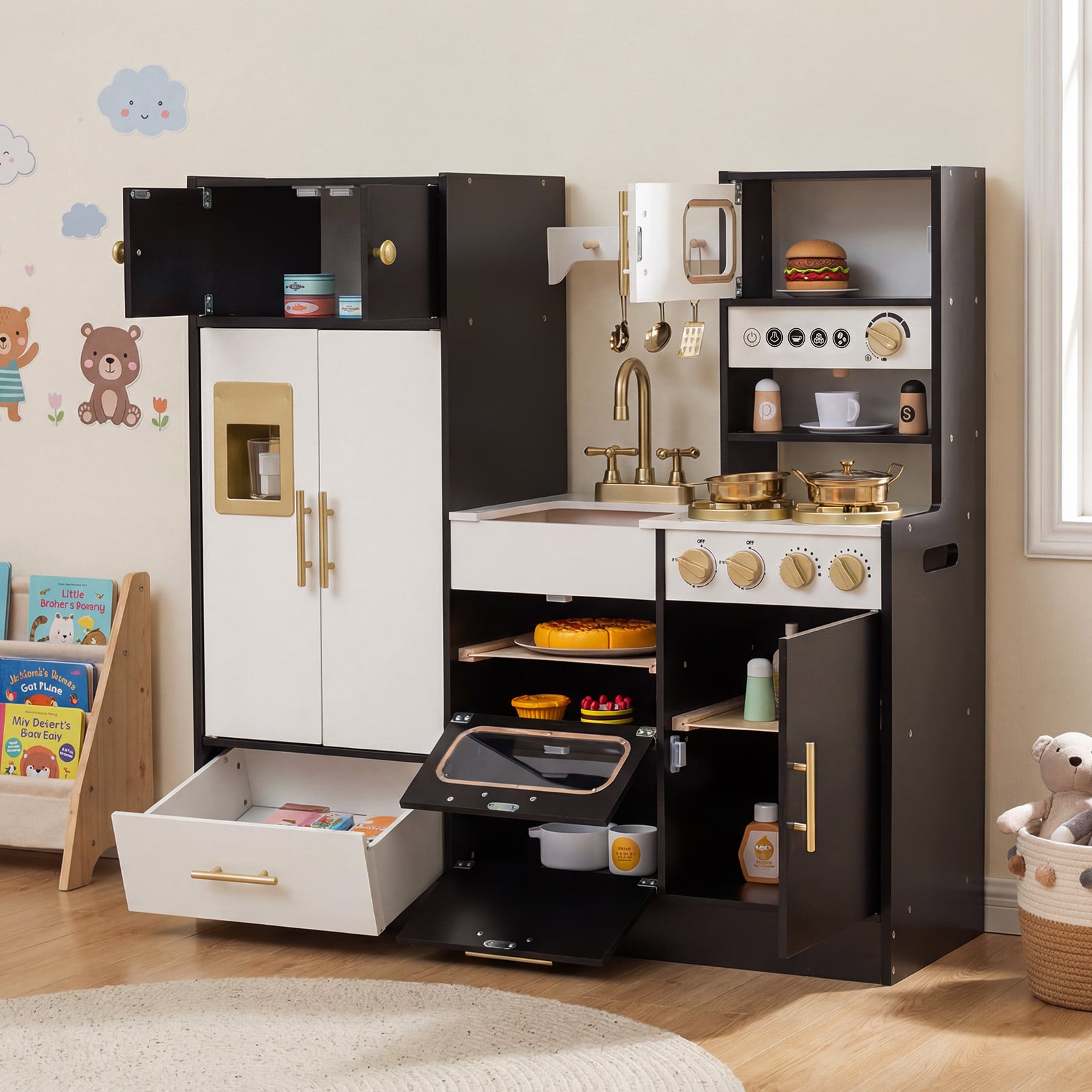 Kinderküche mit Licht & Sound Spielküche mit Herd & Spüle & Wasserhahn Spielzeugküche Holzküche