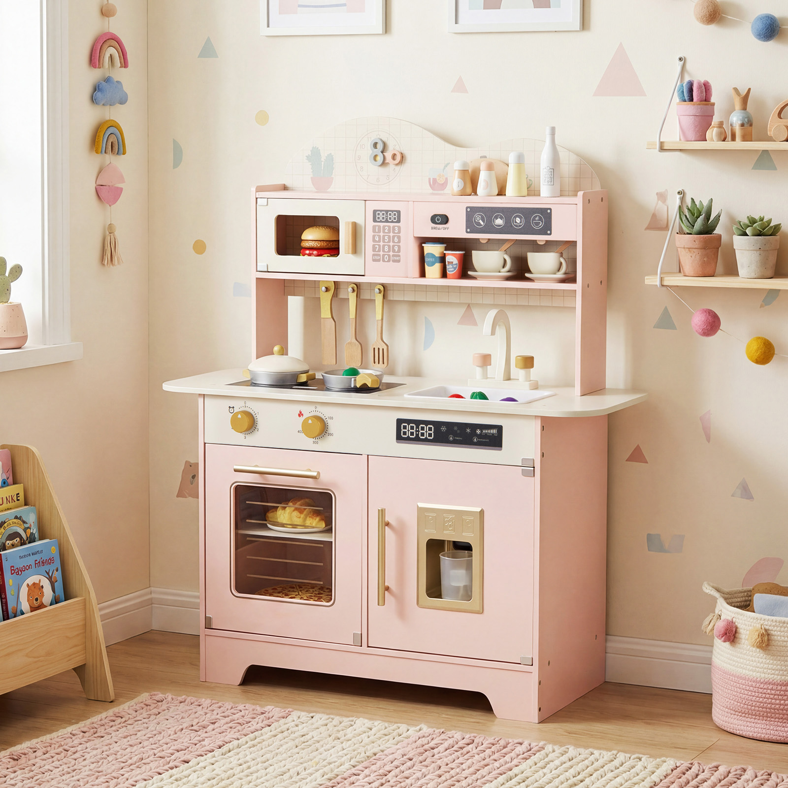 Kinderküche mit Stauraum & 17 Zubehörteilen Spielküche aus Holz Spielzeugküche Rosa