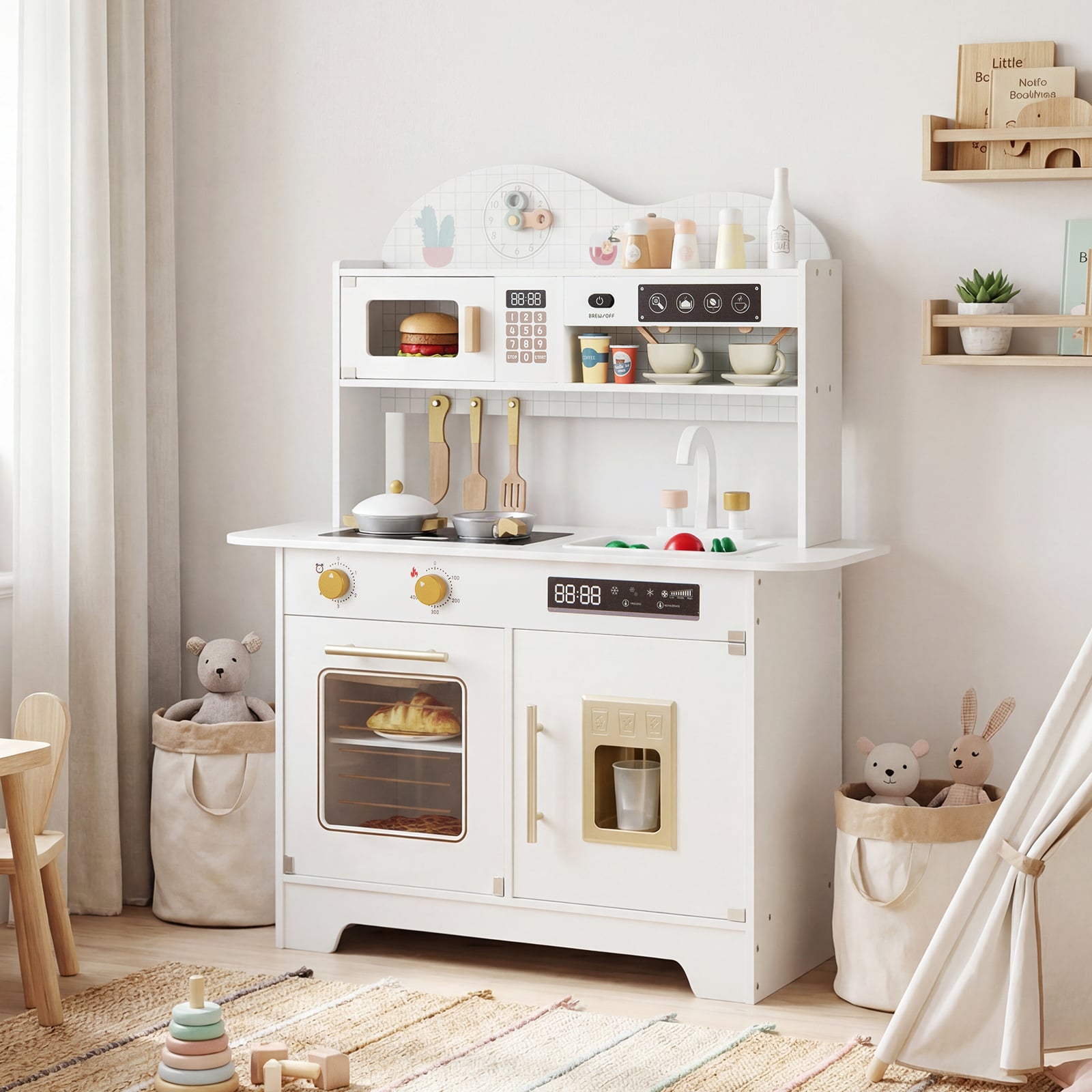 Kinderküche mit Stauraum & 17 Zubehörteilen Spielküche aus Holz Spielzeugküche Weiß