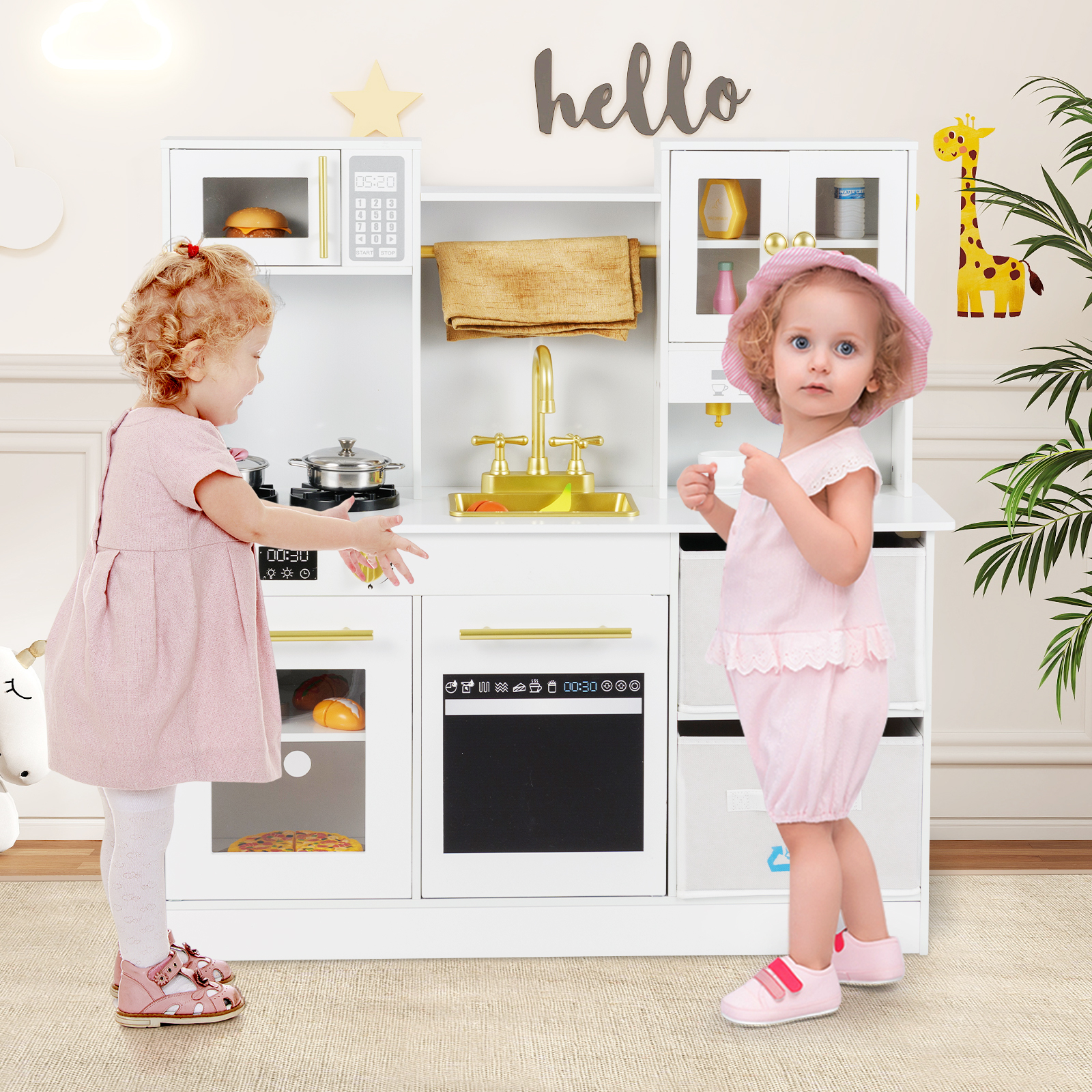 Kinderküche Spielset Holzspielküche mit Herd Sound & Licht Kaffeemaschine Wasserhahn & Kochgeschirr Weiß