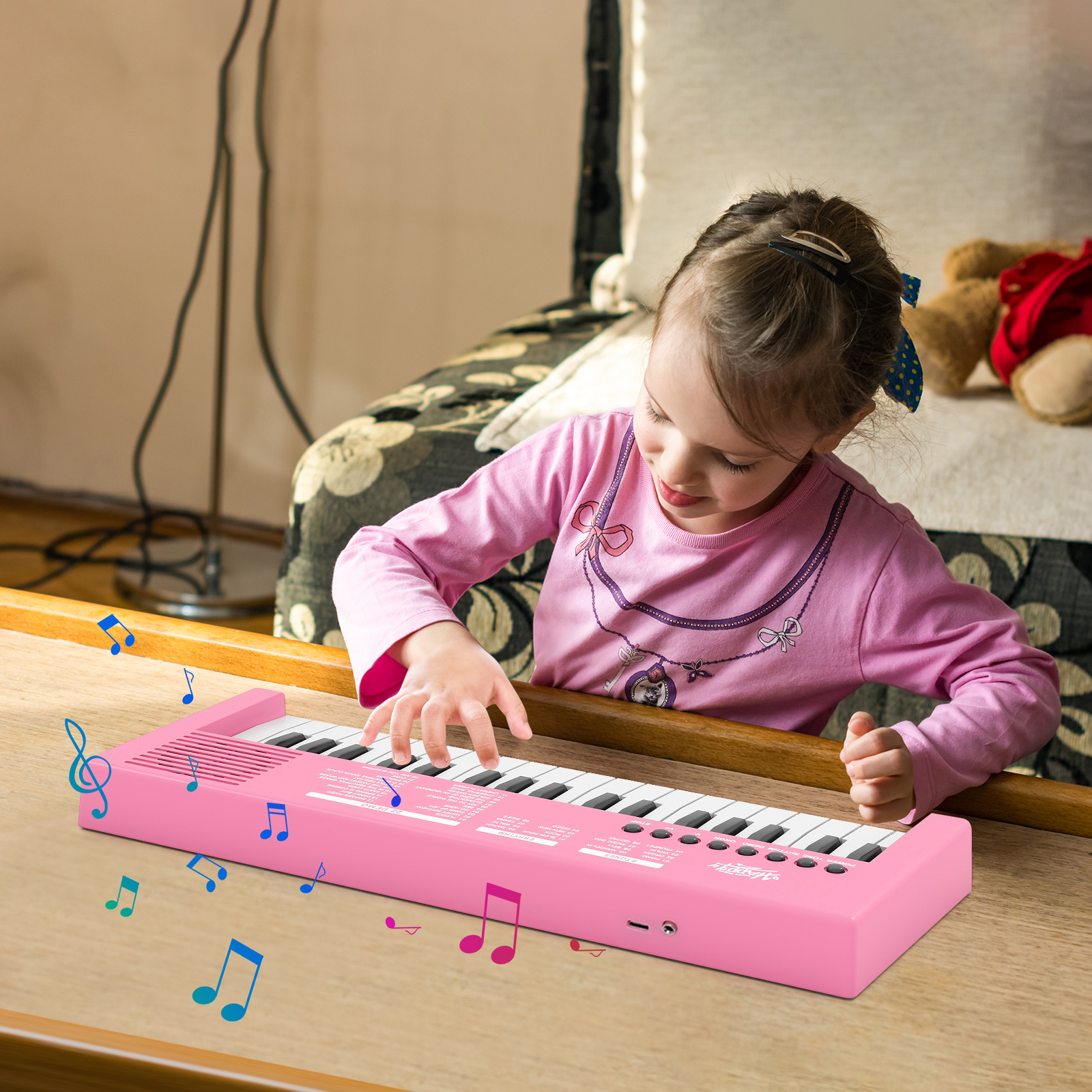 Kinder Klavier Keyboard 37 Tasten tragbares E-Piano mit 8 Rhythmen 8 Klangfarben & 22 Demos Rosa
