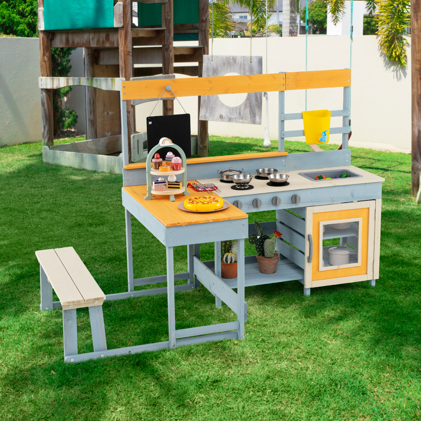 Kinder Matschenküche Fichtenholz Picknicktisch Bank Tafel Wasserbehälter Spüle Zubehör Bunt