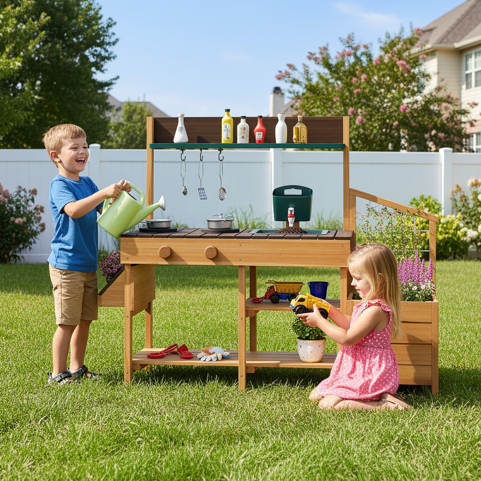 Kinder Matschküche mit Pflanzkasten & Rankgitter Outdoor Kinderküche mit Wasserfunktion Natur + Braun
