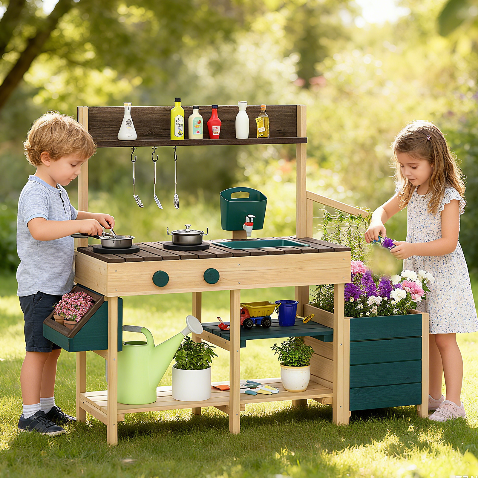 Kinder Matschküche mit Pflanzkasten & Rankgitter Outdoor Kinderküche mit Wasserfunktion Natur + Grün