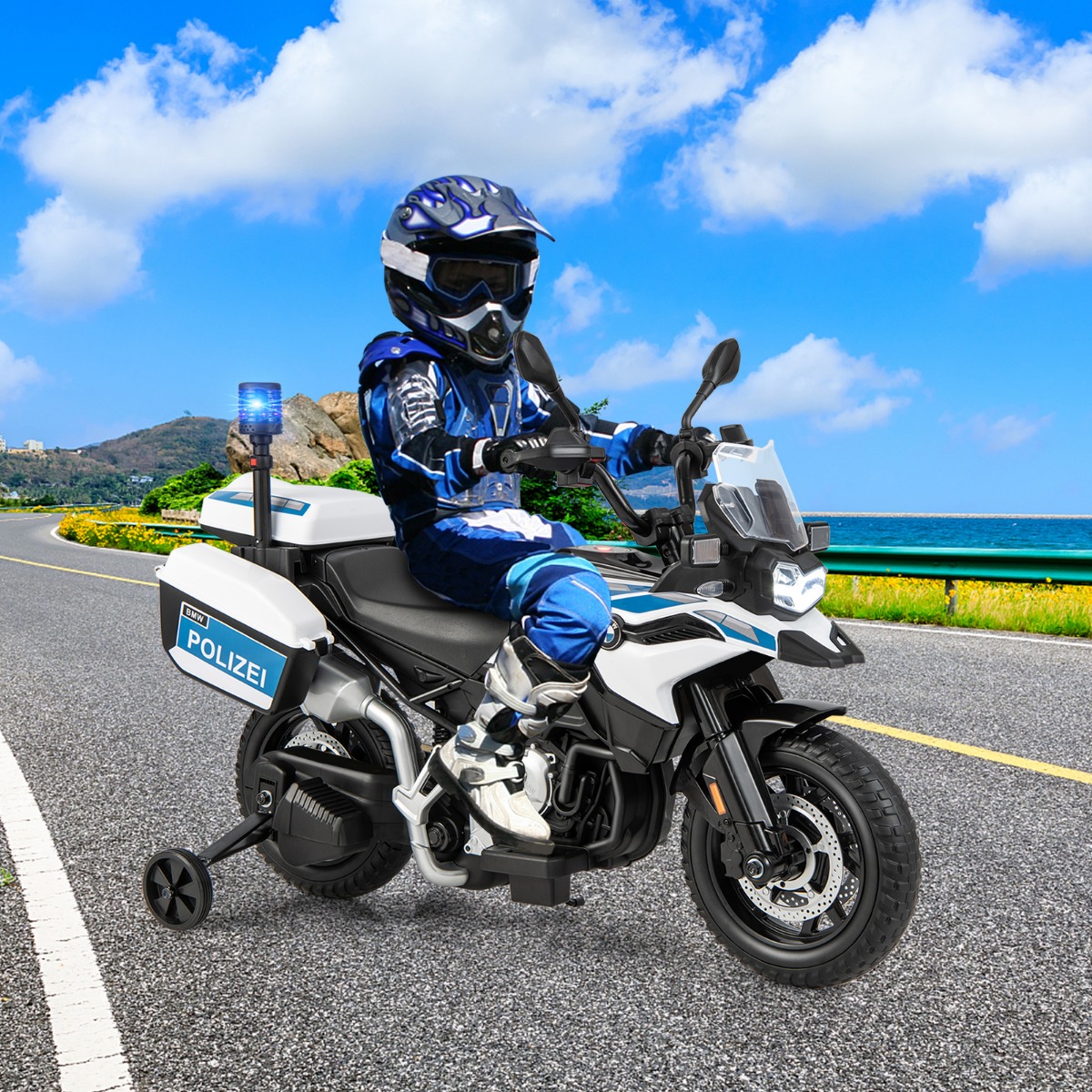 Polizeimotorrad für Kinder Akkubetriebenes Motorrad mit 2 Stützrädern 110 x 82,5 x 63 cm Weiß