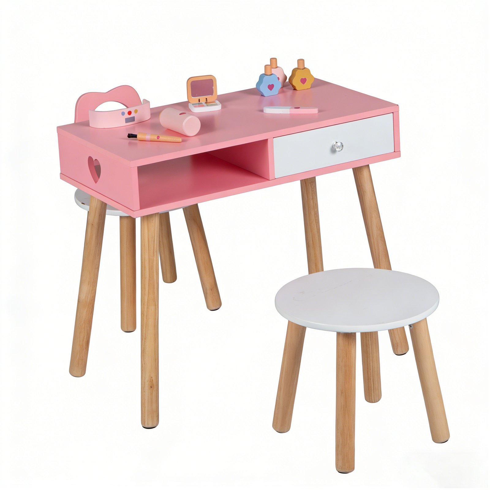 Kinder Nageltisch und Stühle Set Maniküretisch mit Stuhl und Hocker Maniküre-Set aus Holz mit Lidschatten