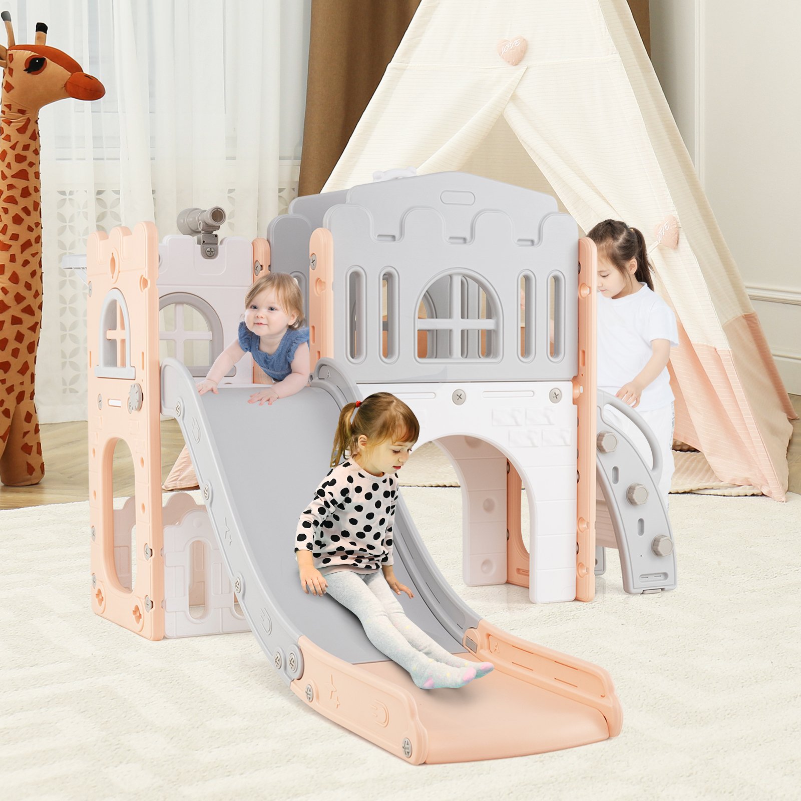 Kinder Rutsche 9 in 1 Kinderrutsche mit Basketballkorb Klettergerüst Tunnel Teleskop & Stauraum Rosa+Grau