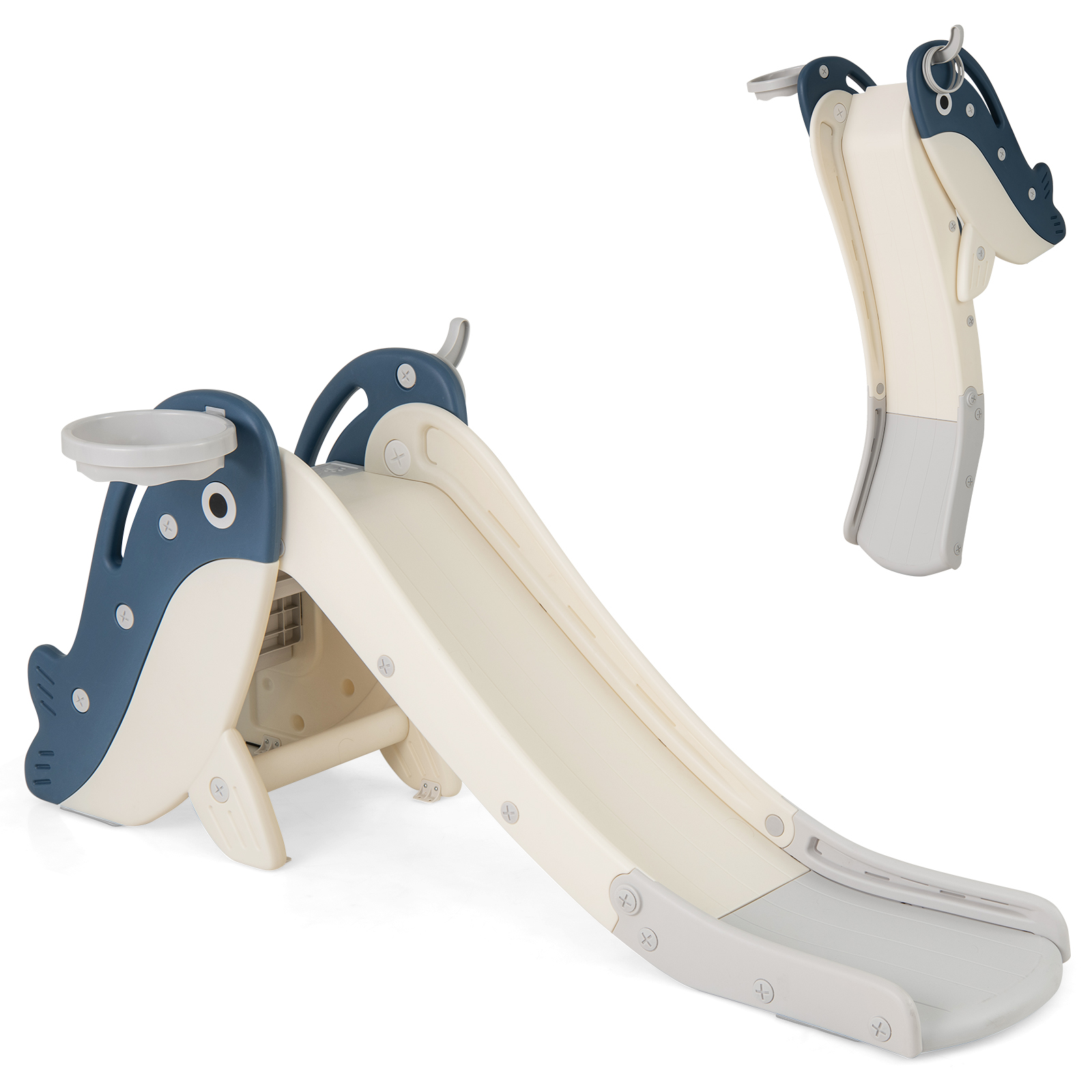 Kinder Rutsche mit Basketballkorb & Ringwurf Freistehendes Rutschespielset Klappbare Kinderrutsche