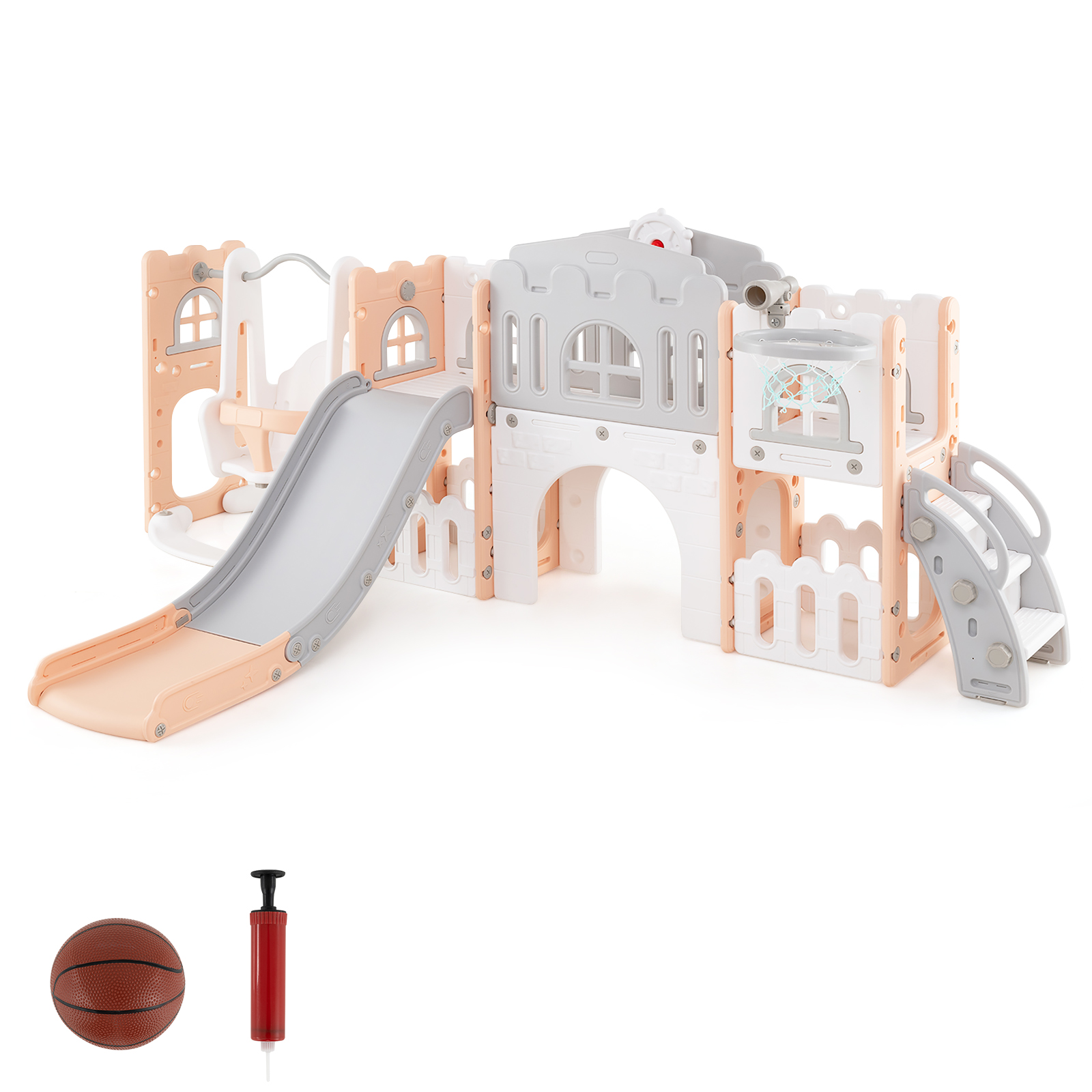 Kinder Rutsche mit Klettergerüst & Schaukel Rutschenset mit Schaukel Basketballkorb Teleskop Lenkrad Grau + Rosa