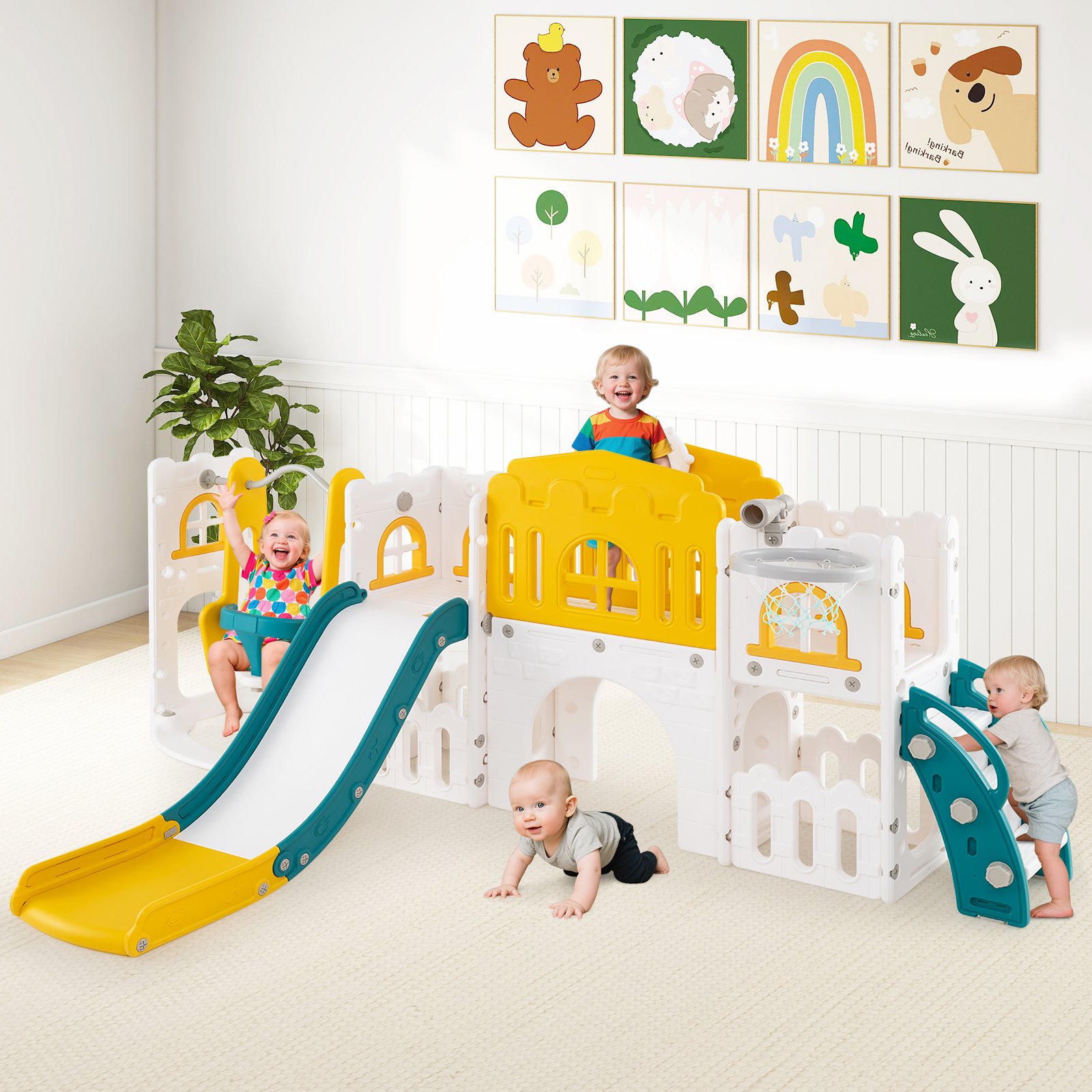 Kinder Rutsche mit Klettergerüst & Schaukel Rutschenset mit Schaukel Grün + Gelb