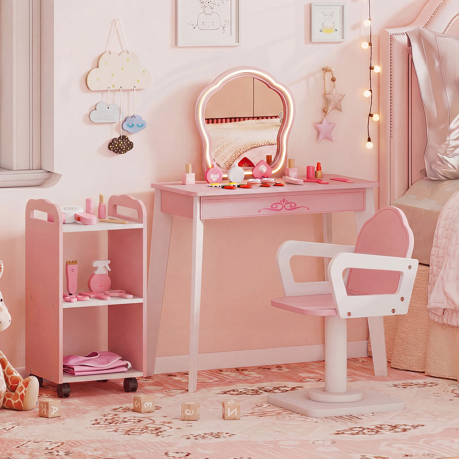 Kinder Schminktisch mit Drehstuhl & Friseurwagen Friseurtisch mit Verstellbarer Beleuchtung Rosa