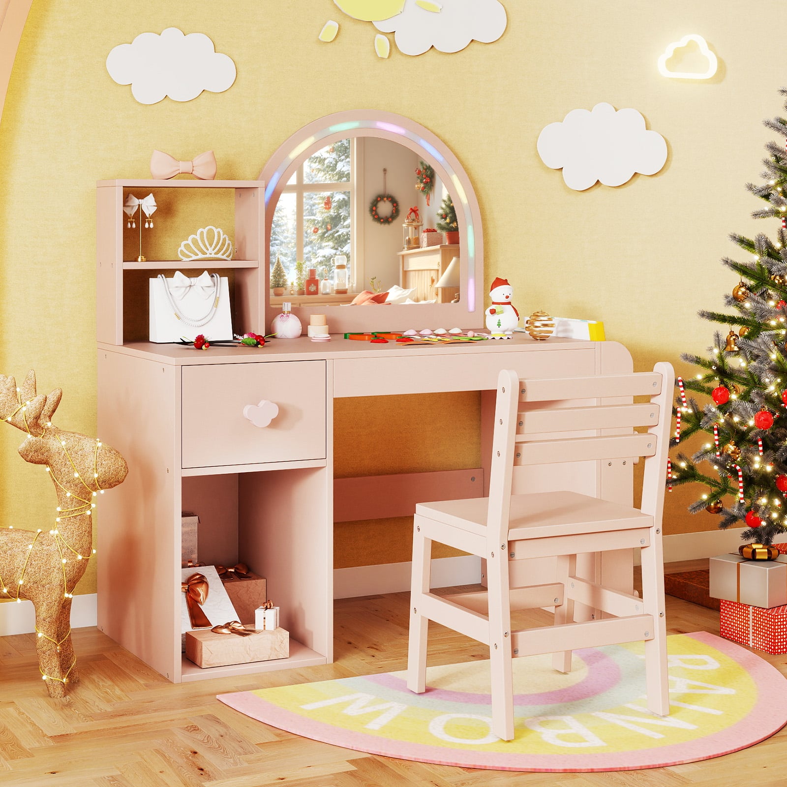Kinder Schminktisch mit Beleuchtung Prinzessin Kinderschminktisch mit beleuchtetem Spiegel Frisiertisch Rosa