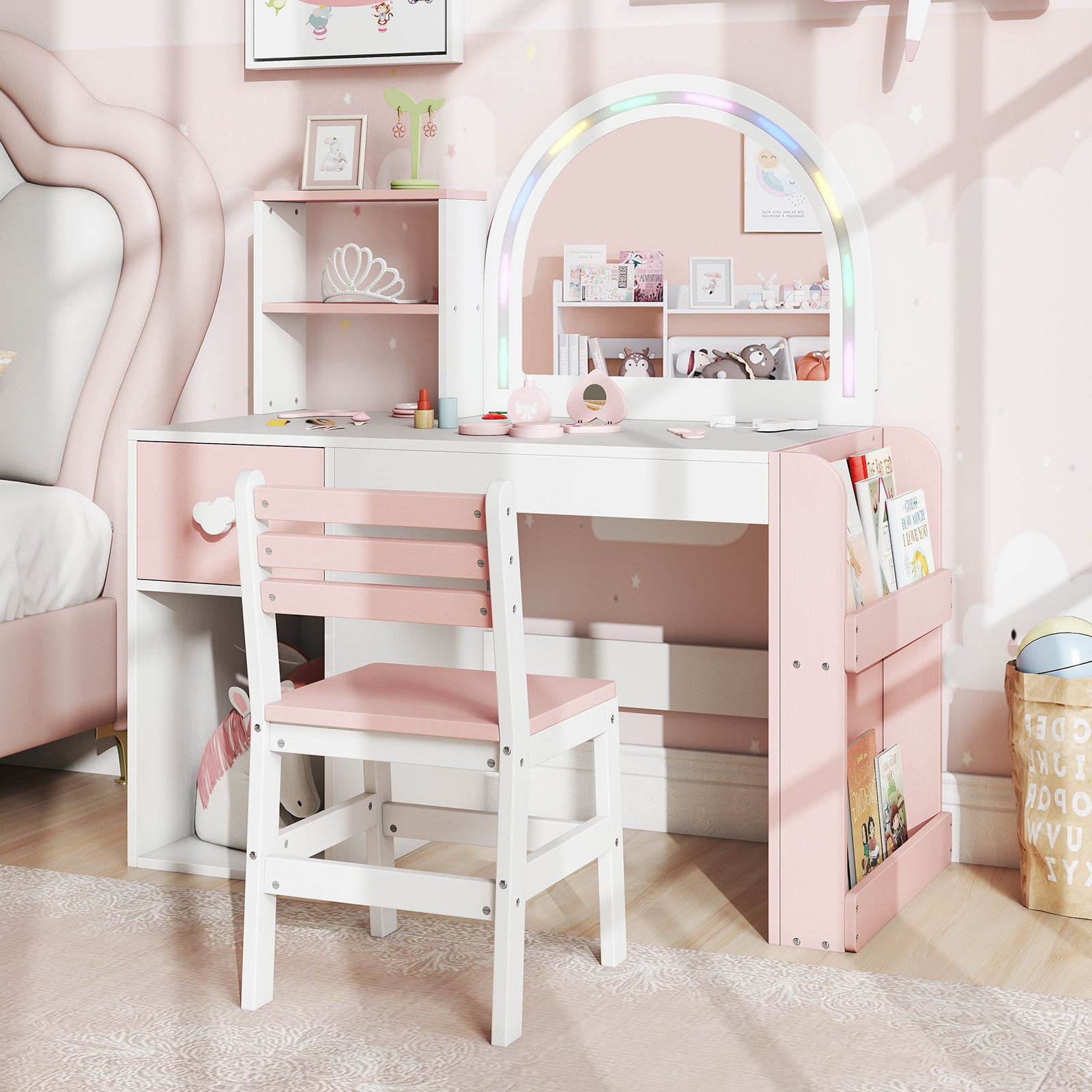 Kinder Schminktisch mit Beleuchtung Prinzessin Kinderschminktisch mit beleuchtetem Spiegel Frisiertisch Weiß