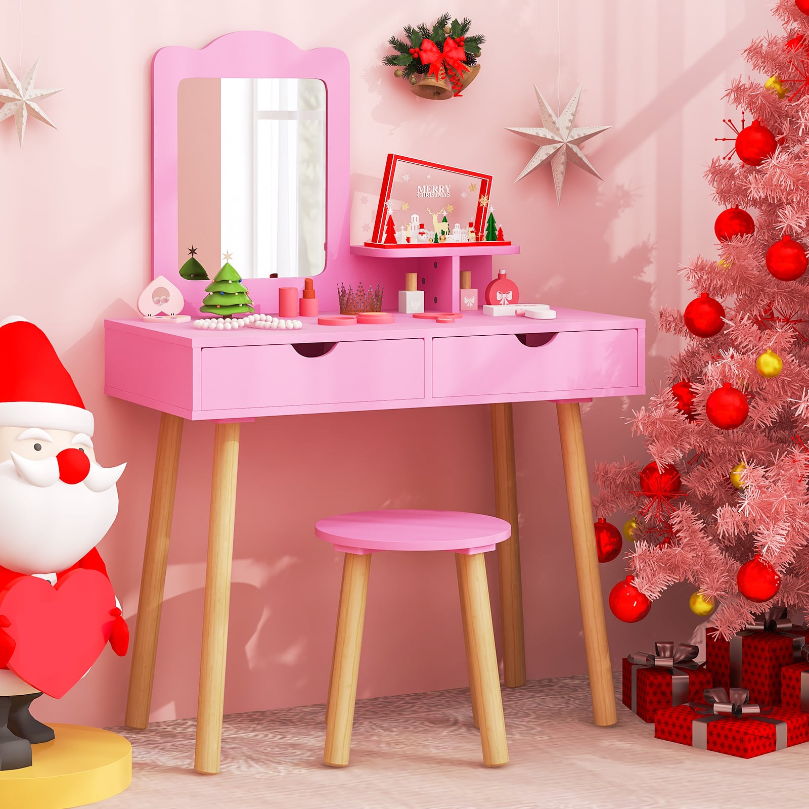 Kinder Schminktisch Set 2 in 1 Frisiertisch Schreibtisch & Hocker mit abnehmbarem Spiegel Hot Pink