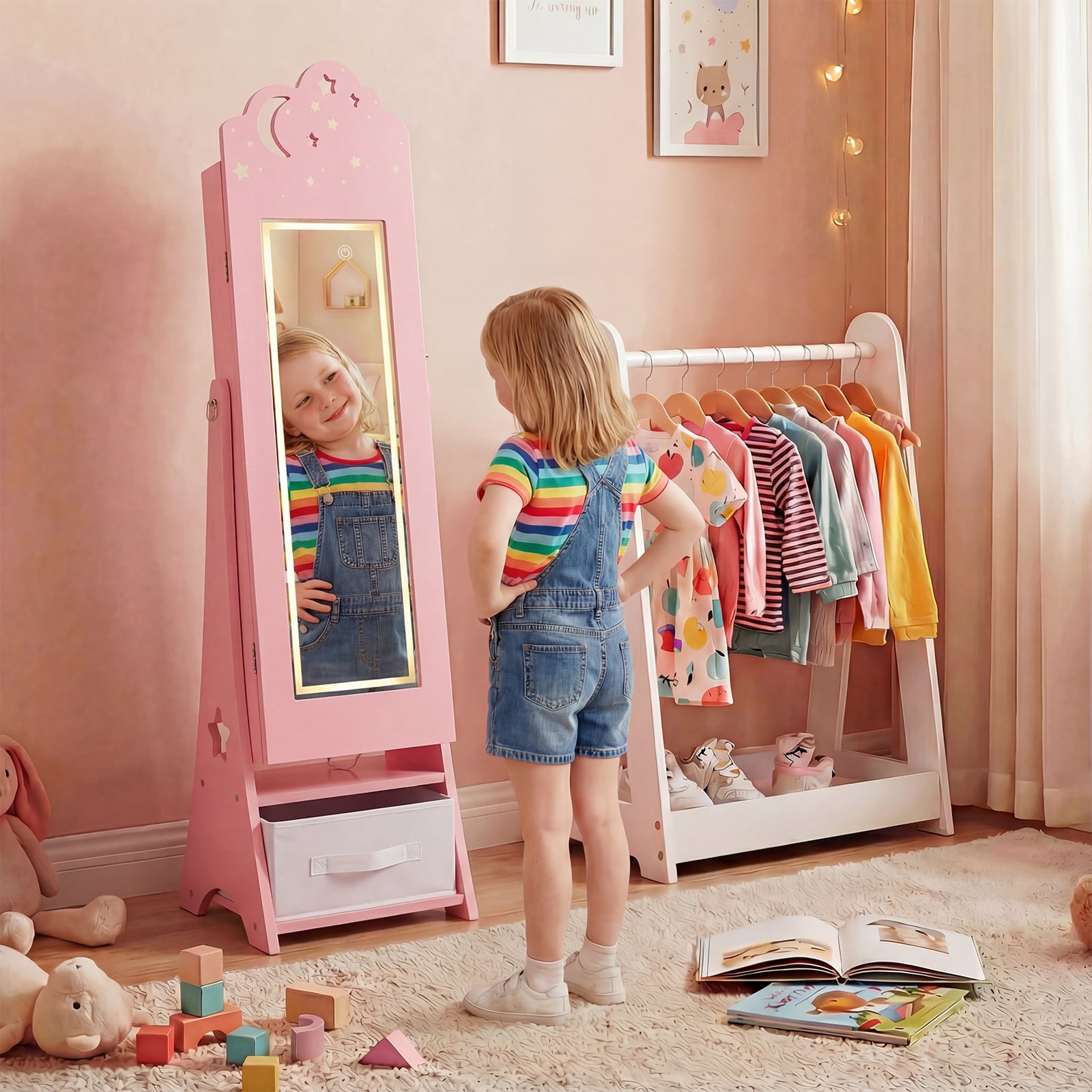 Kinder Schmuckschrank mit Beleuchtung stehender Schmuckorganizer für Kinder mit Ganzkörperspiegel Rosa