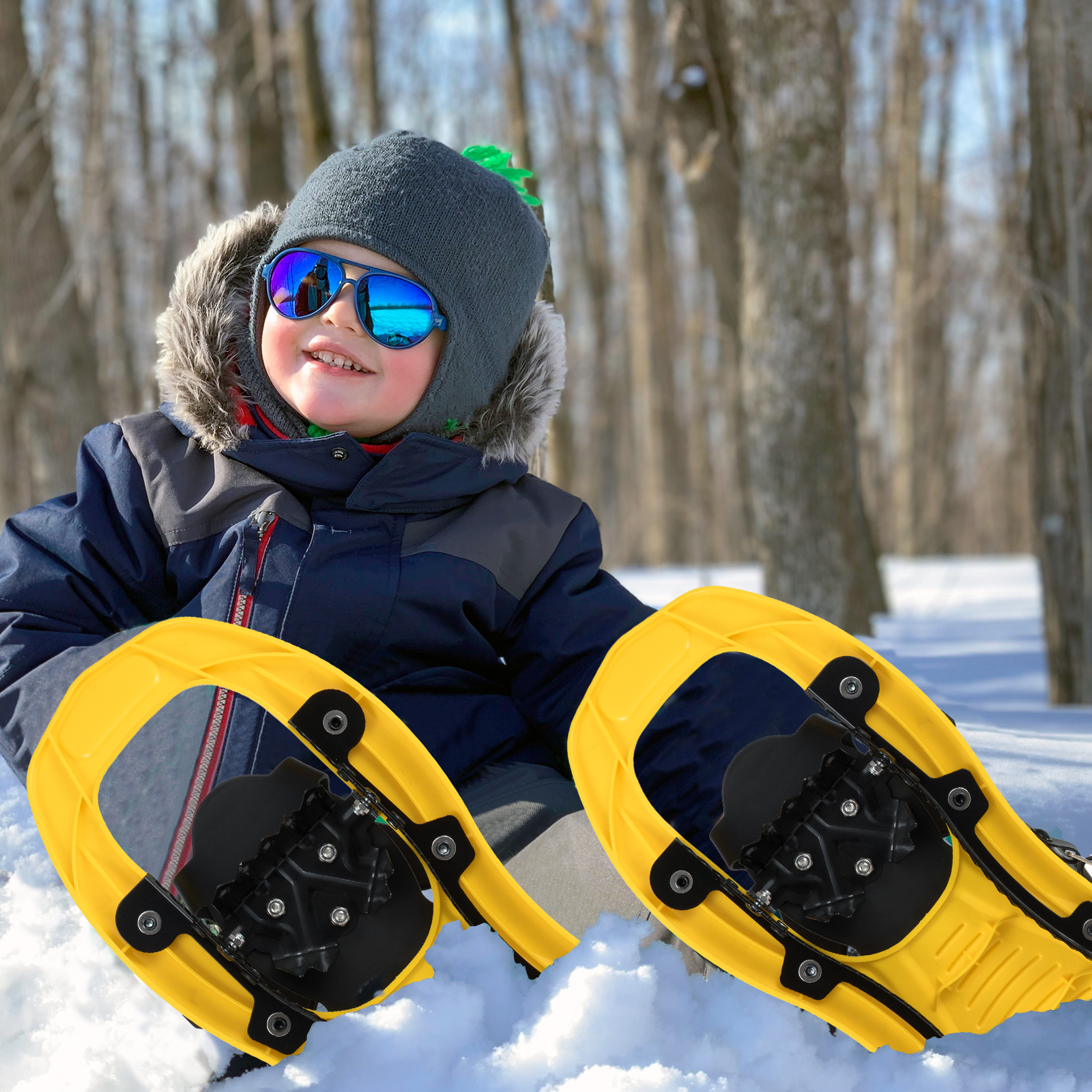 Kinderschneeschuhe mit Teleskop-Wanderstöcken & Tragetasche leichte All-Terrain Schneeschuhe Gelb