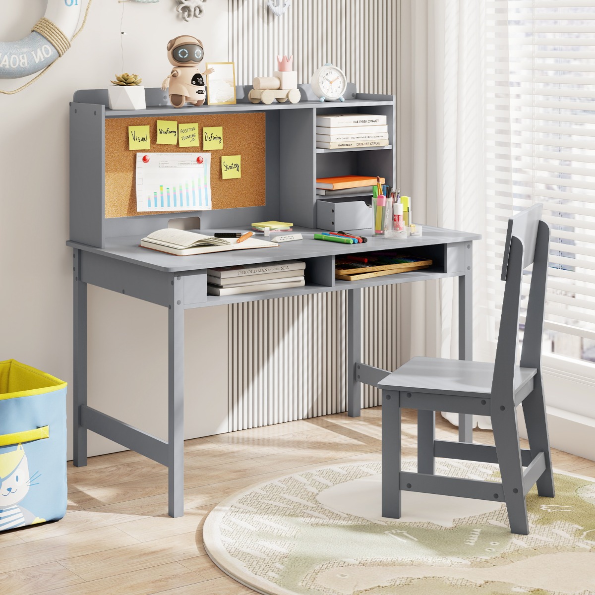 Kinderschreibtisch mit Stuhl Holz-Schülerschreibtisch mit Kork-Pinnwand Schublade Grau