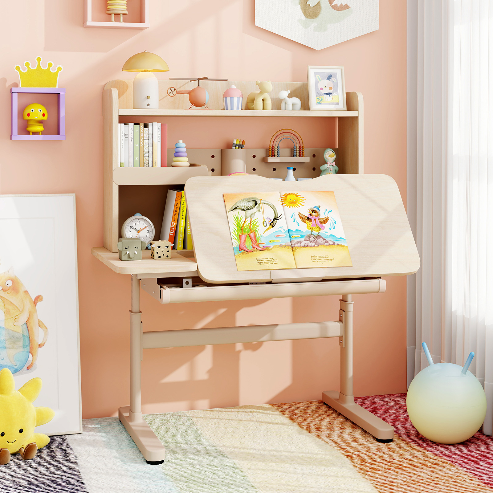 Kinderschreibtisch mit Regal & Schublade höhenverstellbarer Schülerschreibtisch mit neigbarer Tischplatte Natur