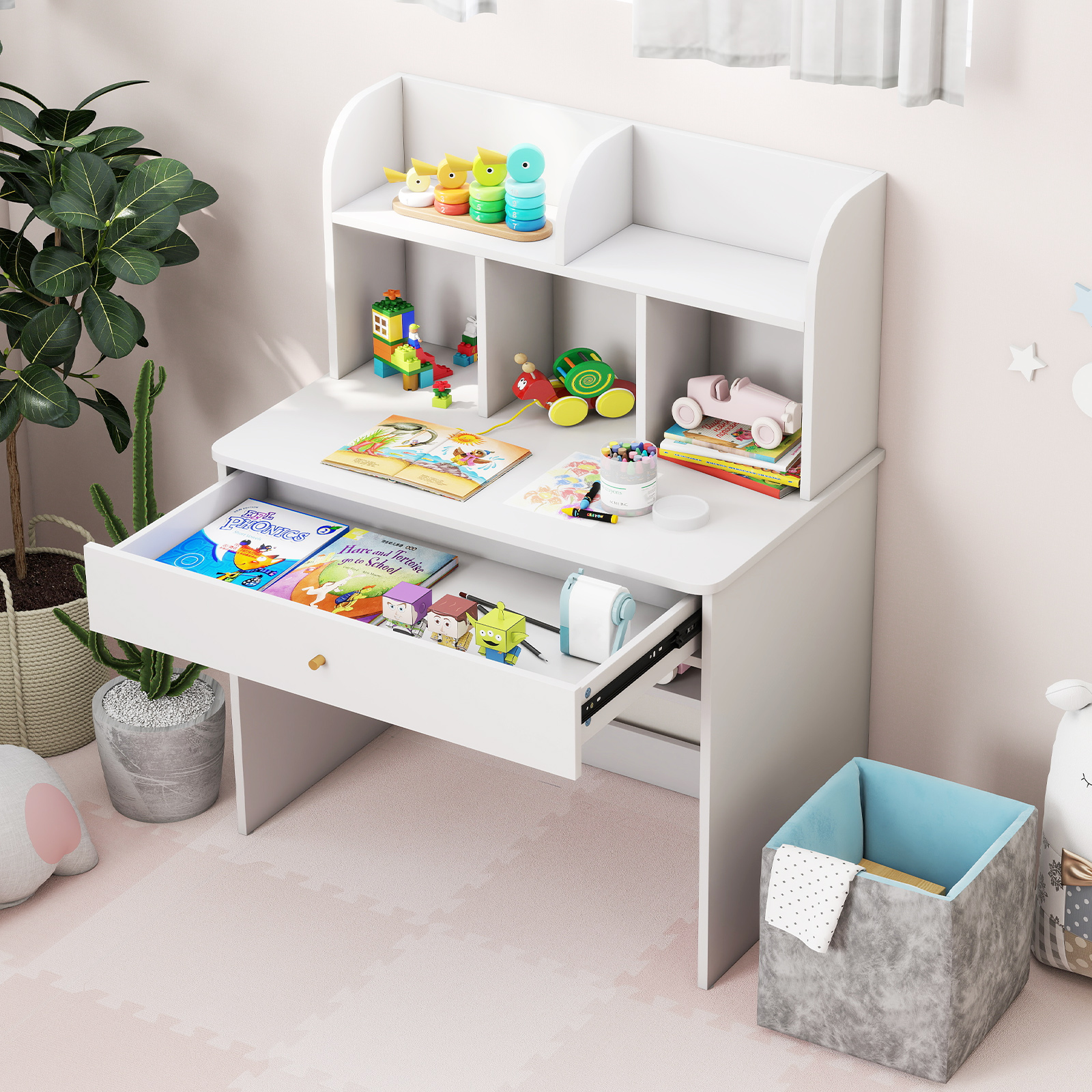 Kinder Schreibtisch mit Schublade & Ablagefach Holz Schülerschreibtisch Kindertisch Weiß