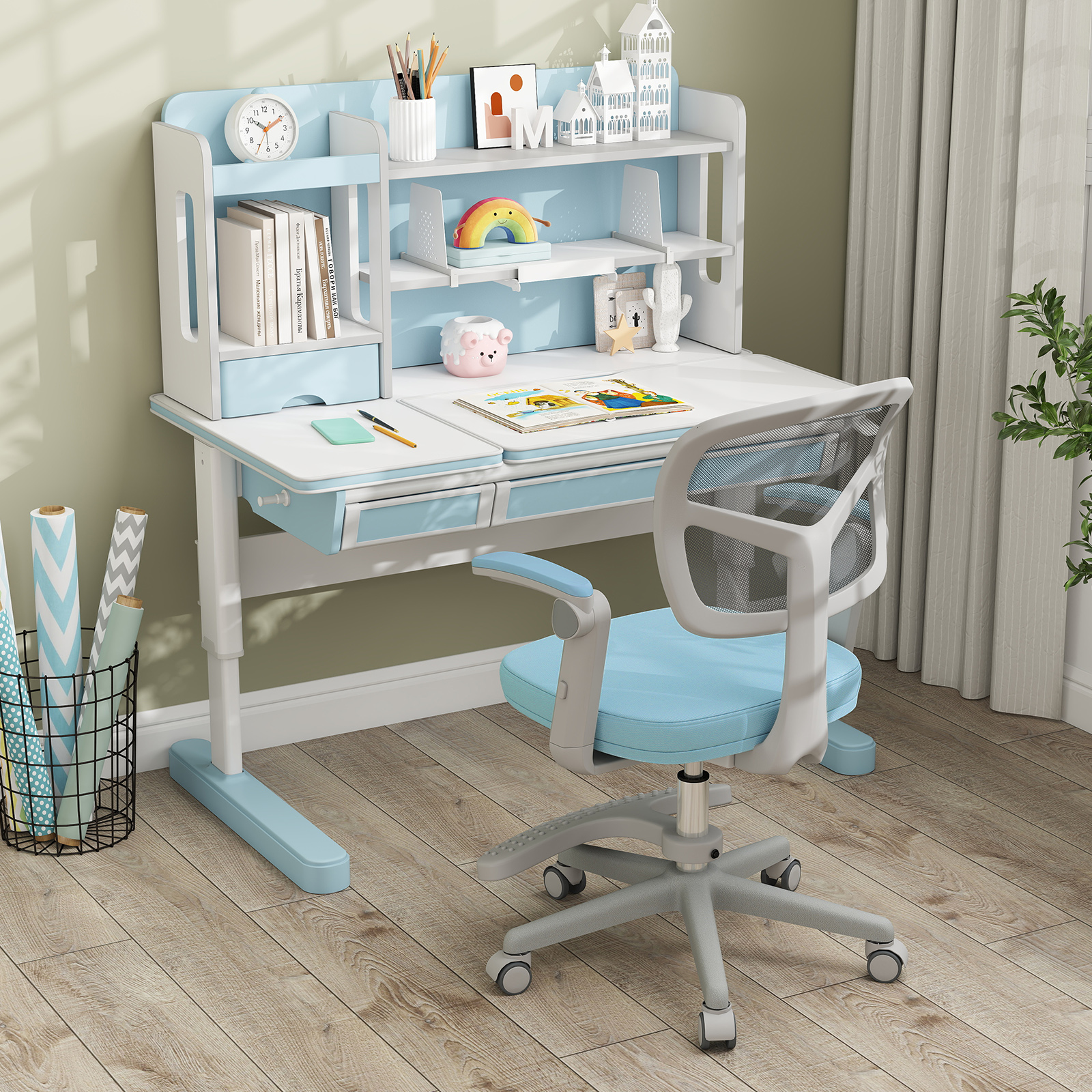 Kinder Schreibtischstuhl mit 41-52 cm Höhenverstellbarer Sitzhöhe Kinderdrehstuhl mit Rollen Blau