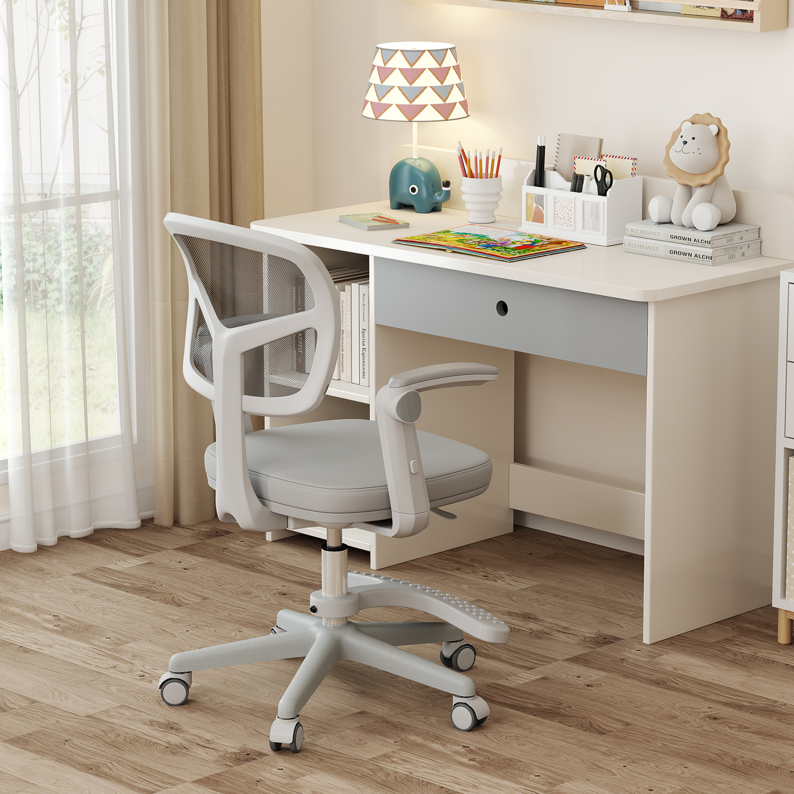 Kinder Schreibtischstuhl mit 41-52 cm Höhenverstellbarer Sitzhöhe Kinderdrehstuhl mit Rollen Grau