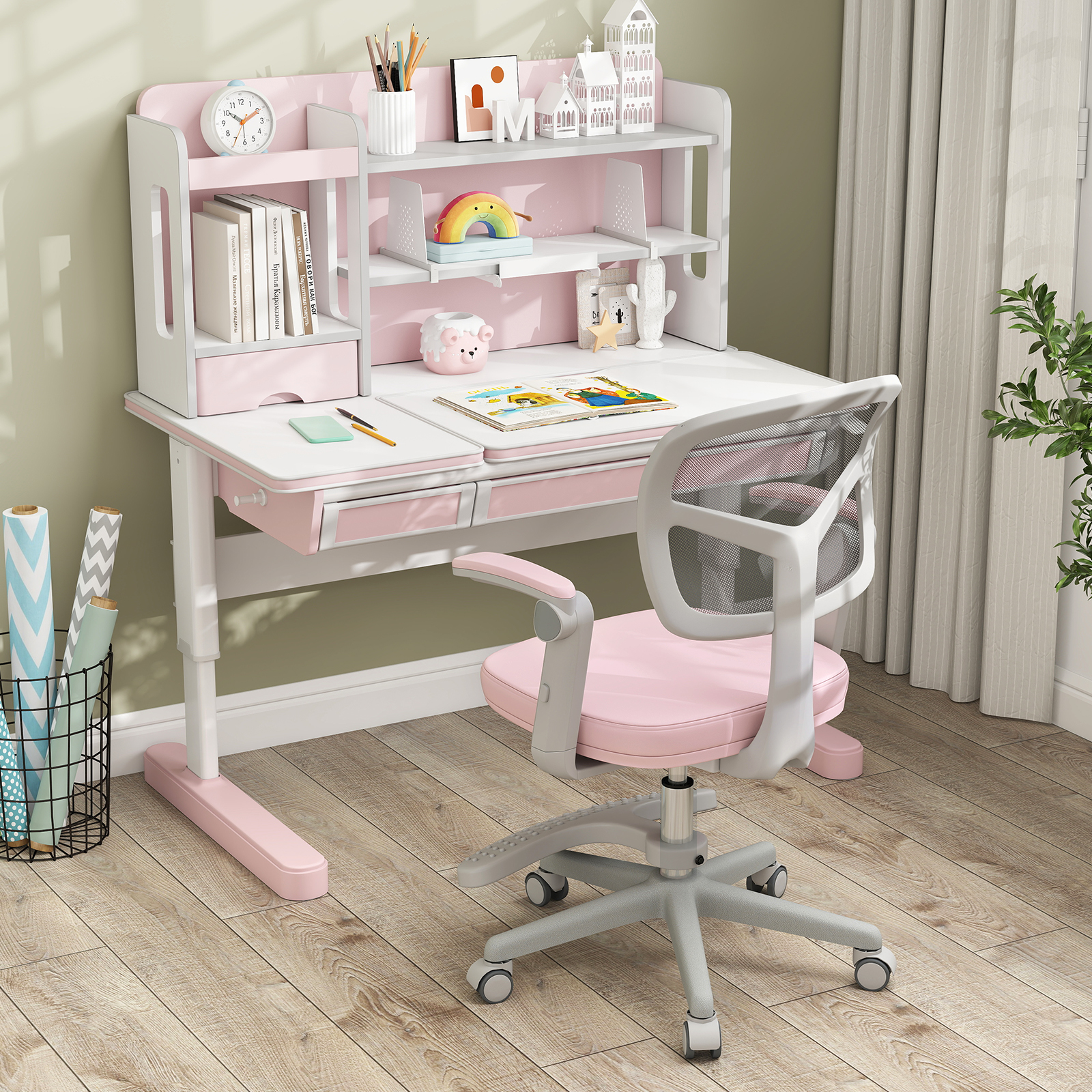 Kinder Schreibtischstuhl mit 41-52 cm Höhenverstellbarer Sitzhöhe Kinderdrehstuhl mit Rollen Rosa