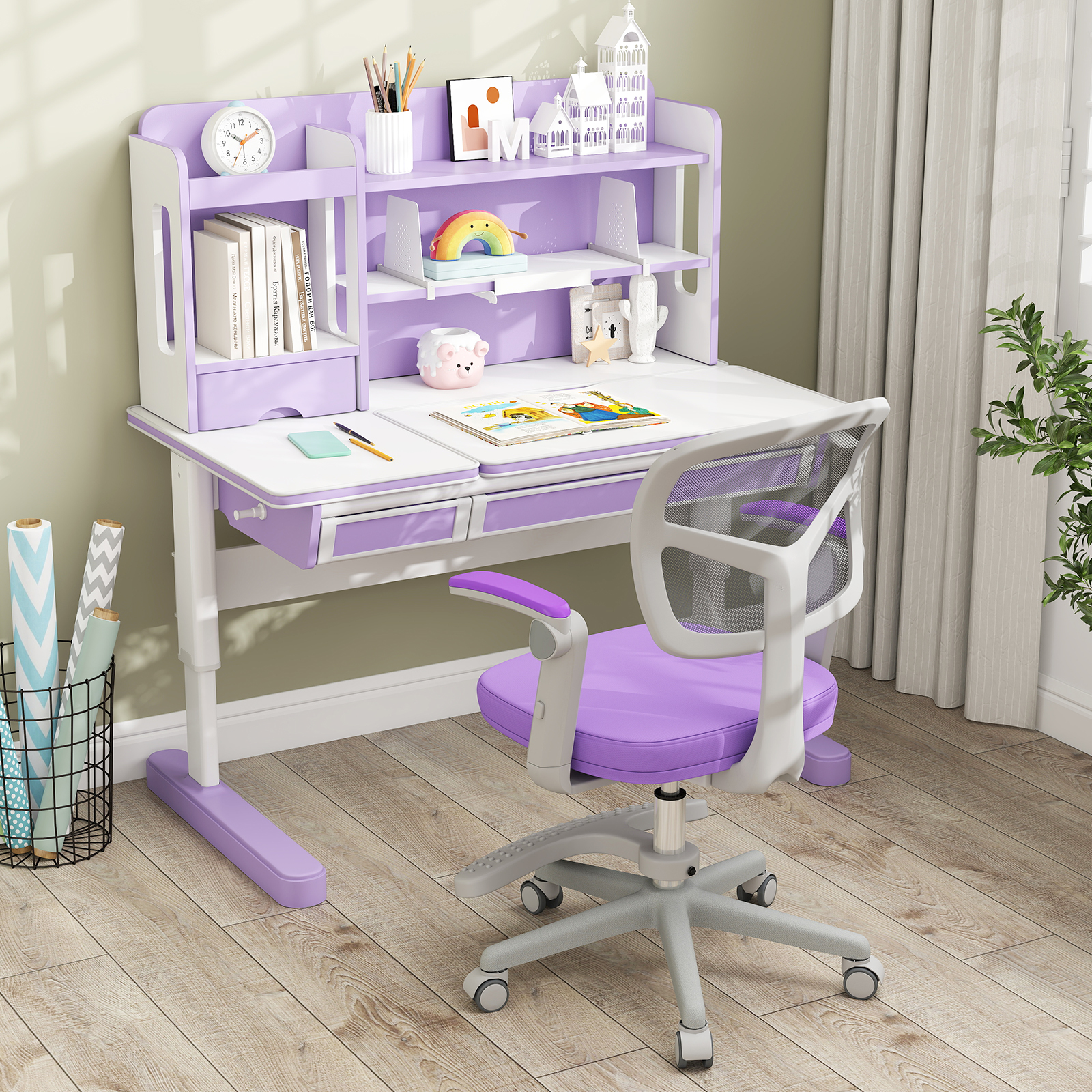 Kinder Schreibtischstuhl mit 41-52 cm Höhenverstellbarer Sitzhöhe Kinderdrehstuhl mit Rollen Violett
