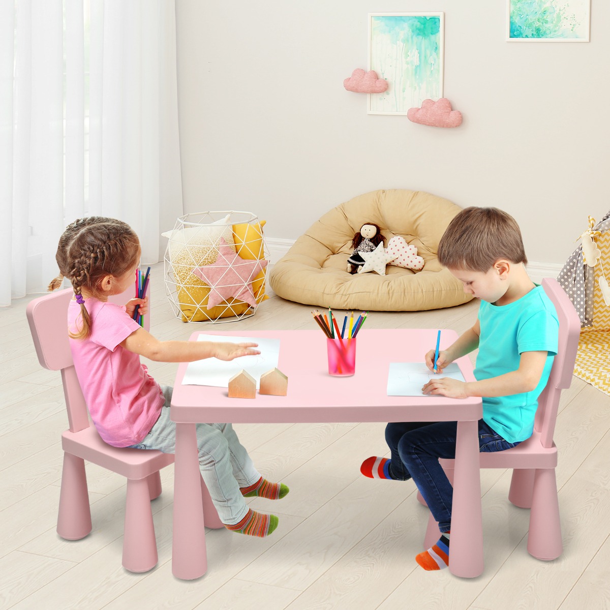 Kindertisch und 2 Stühlen 3 TLG. Kindersitzgruppe Kindermöbel-Set Rosa