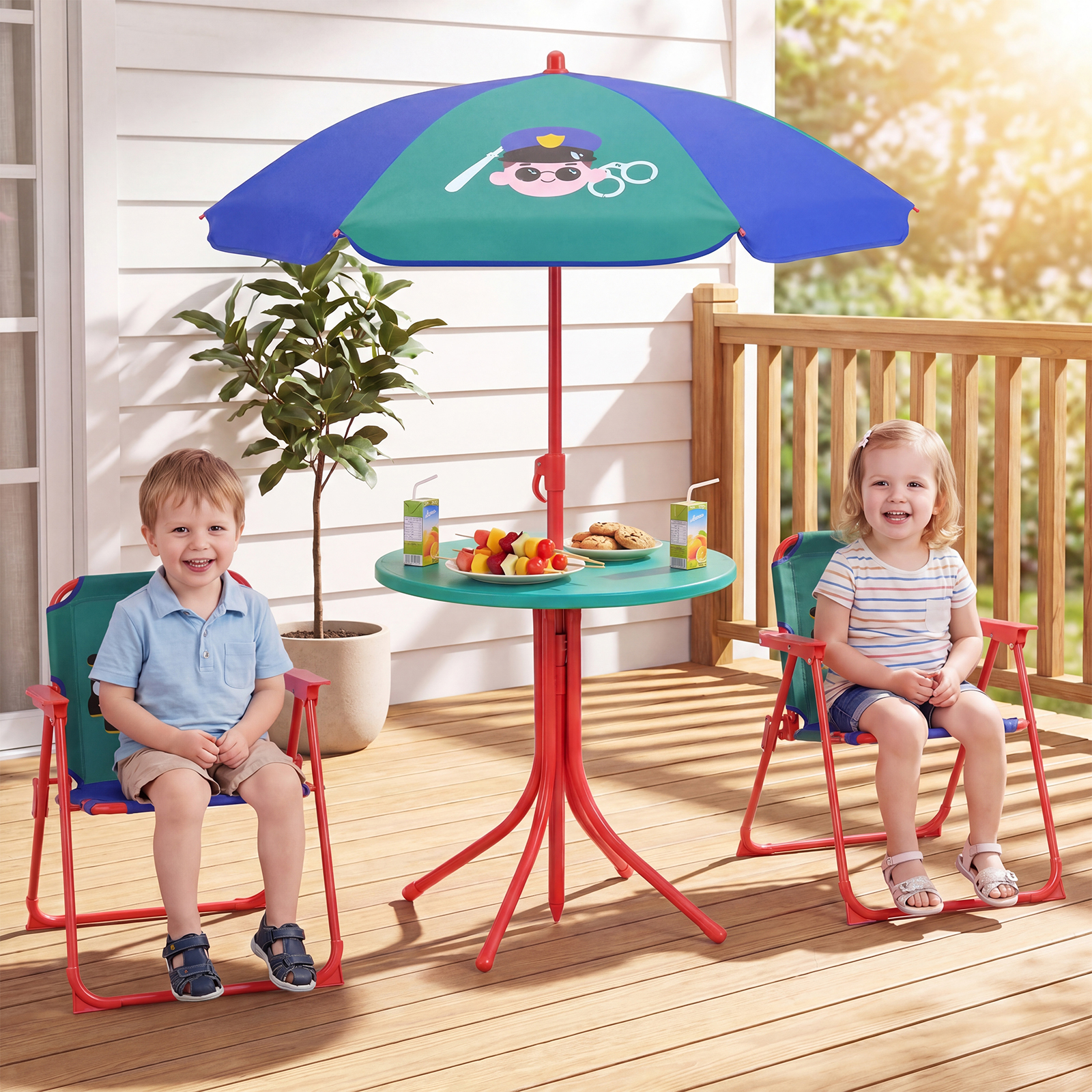 Kindersitzgruppe mit Sonnenschirm 4-Teilige Kindersitzgarnitur mit Tisch und 2 Klappstühlen Blau & Grün