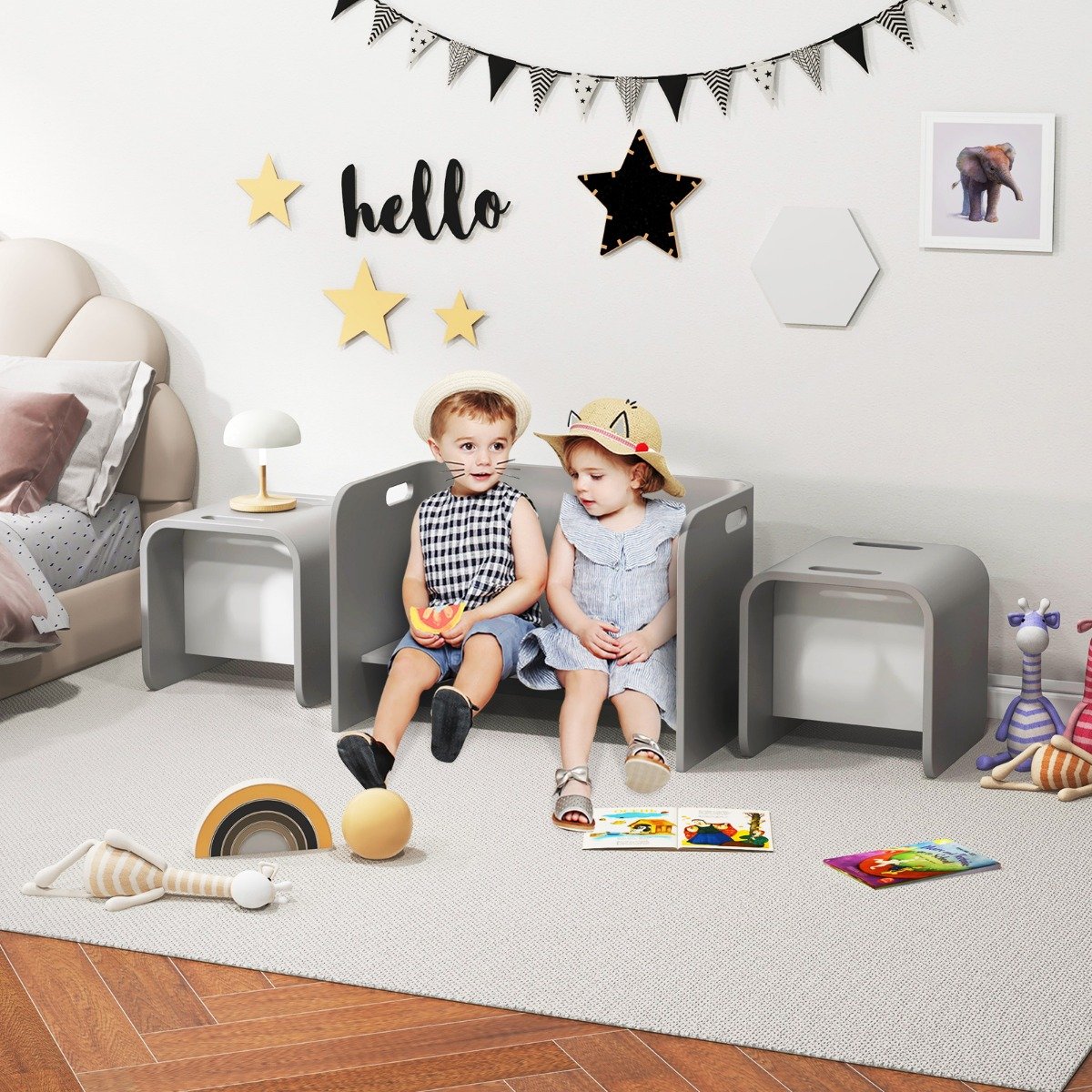 3 tlg. Kindertisch Stühle Set Kindersitzgrupppe Holz Kindermöbel Lerntisch Grau