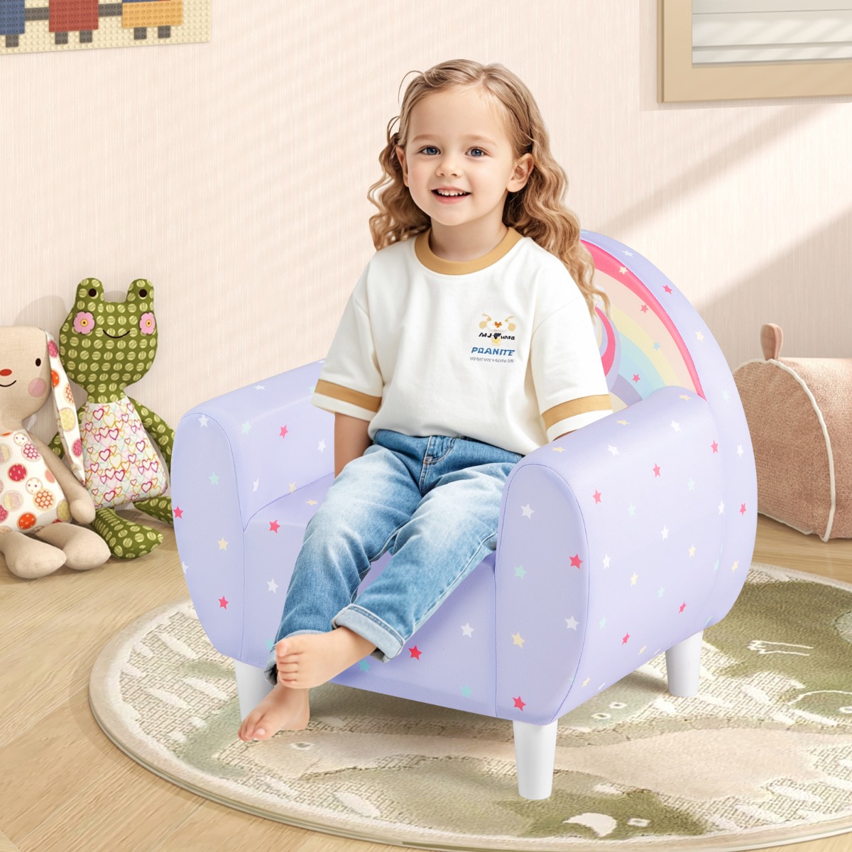 Kindersofa mit Rückenlehne & Armlehne Gepolsterter Kindersessel Einhorn Lesecouch Lila