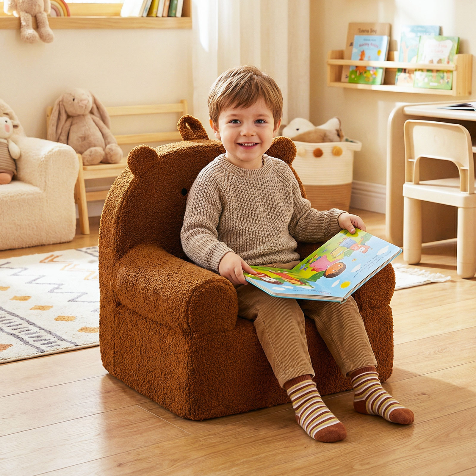 Kindersofa Bär Kindersessel mit abnehmbarem Teddy-Fleece Bezug & Schaumstoff Braun
