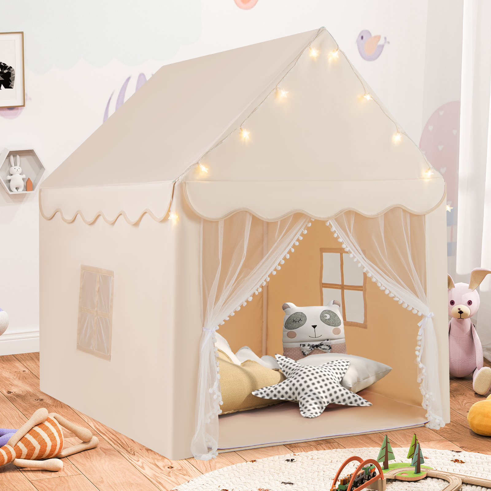 Kinderspielhaus mit Sternenlichter & Fenster & Matte & doppeltem Vorhang Kinderzelt Beige
