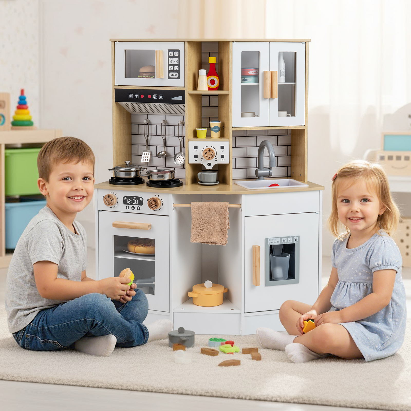 Kinder Spielküche aus Holz Spielküche mit Licht Sound Herd Spüle Dunstabzugshaube Eismaschine Natur