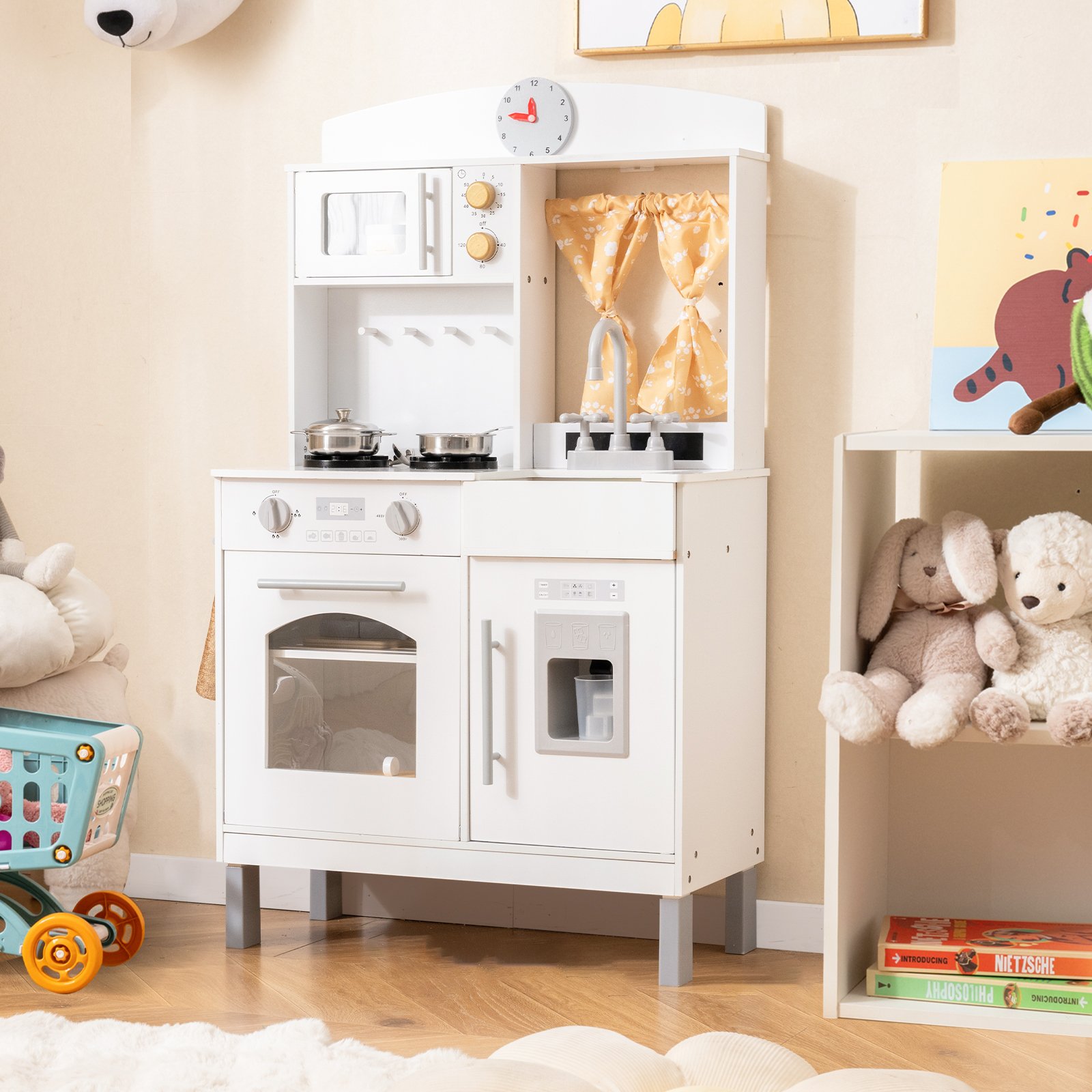 Kinderspielküche Holz Kinderküche mit 3 Höhenverstellungen Mikrowelle Herd Spüle Ofen Eismaschine Weiß