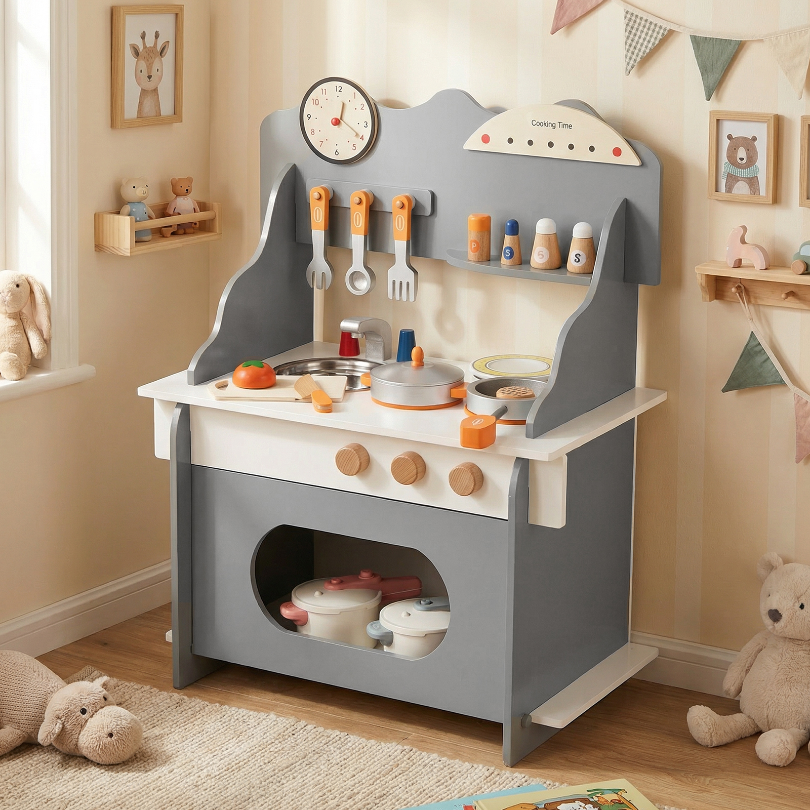 Kinder Spielküche mit Komplettem Zubehör Puppenkühe mit Uhr & Herd & Gewürzregal Grau