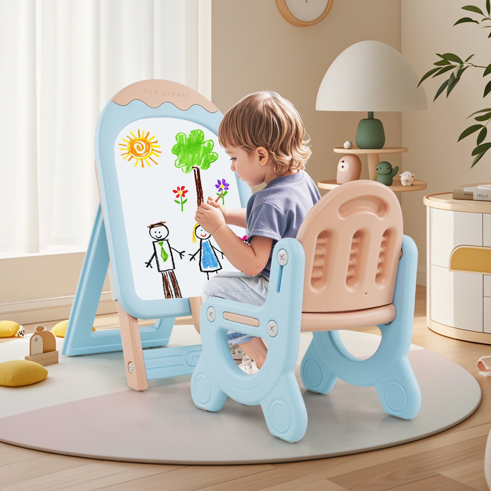 Kinder Staffelei mit Stuhl Kindertafel Höhenverstellbar & Klappbar mit Whiteboard & Aufbewahrungsbox Blau