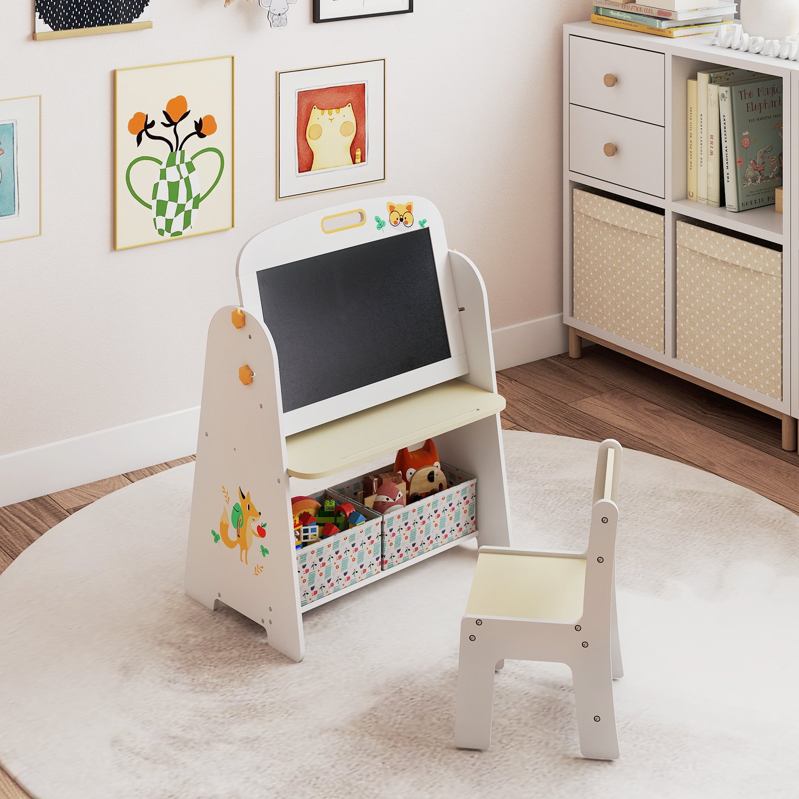 Kinder Staffelei mit Stuhl Kindertafel mit Bücherregal & Magnetischer Kreidetafel & Weißtafel Natur